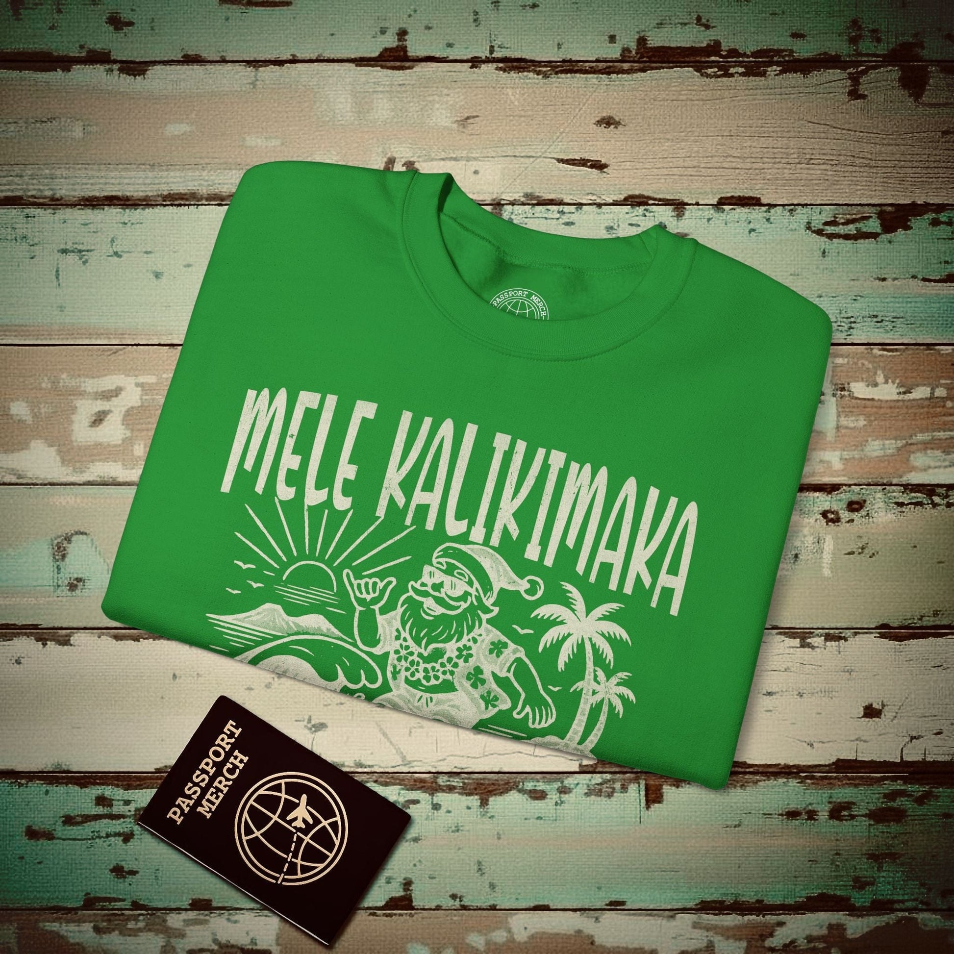 Vintage Surfing Santa, Mele Kalikimaka, Hawaii Crewneck Irish Green / S