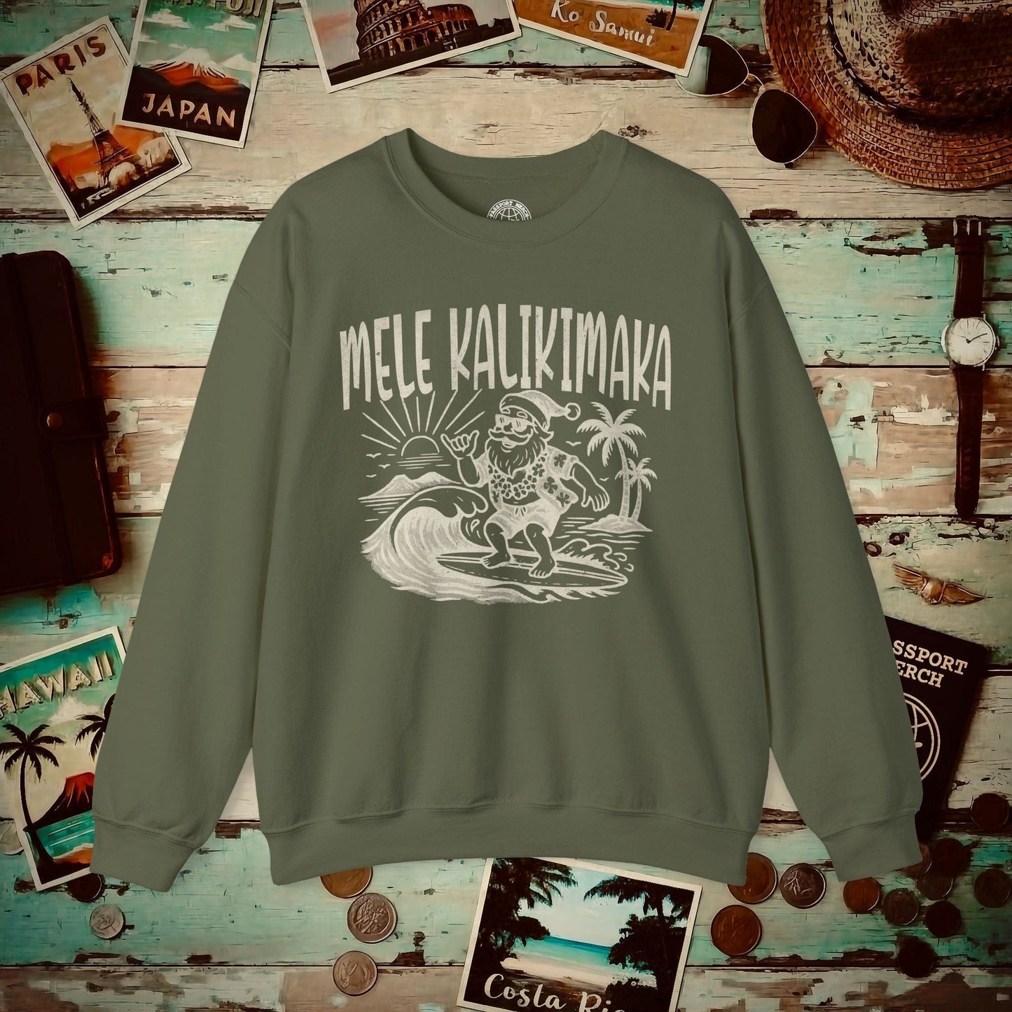 Vintage Surfing Santa, Mele Kalikimaka, Hawaii Crewneck Military Green / S