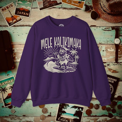 Vintage Surfing Santa, Mele Kalikimaka, Hawaii Crewneck Purple / S