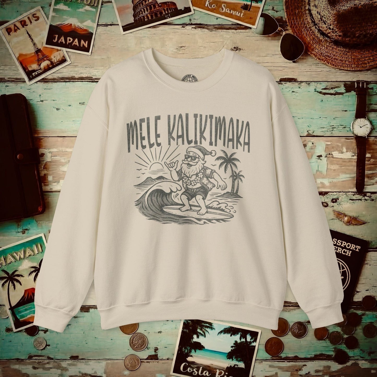 Vintage Surfing Santa, Mele Kalikimaka, Hawaii Crewneck Sand / S