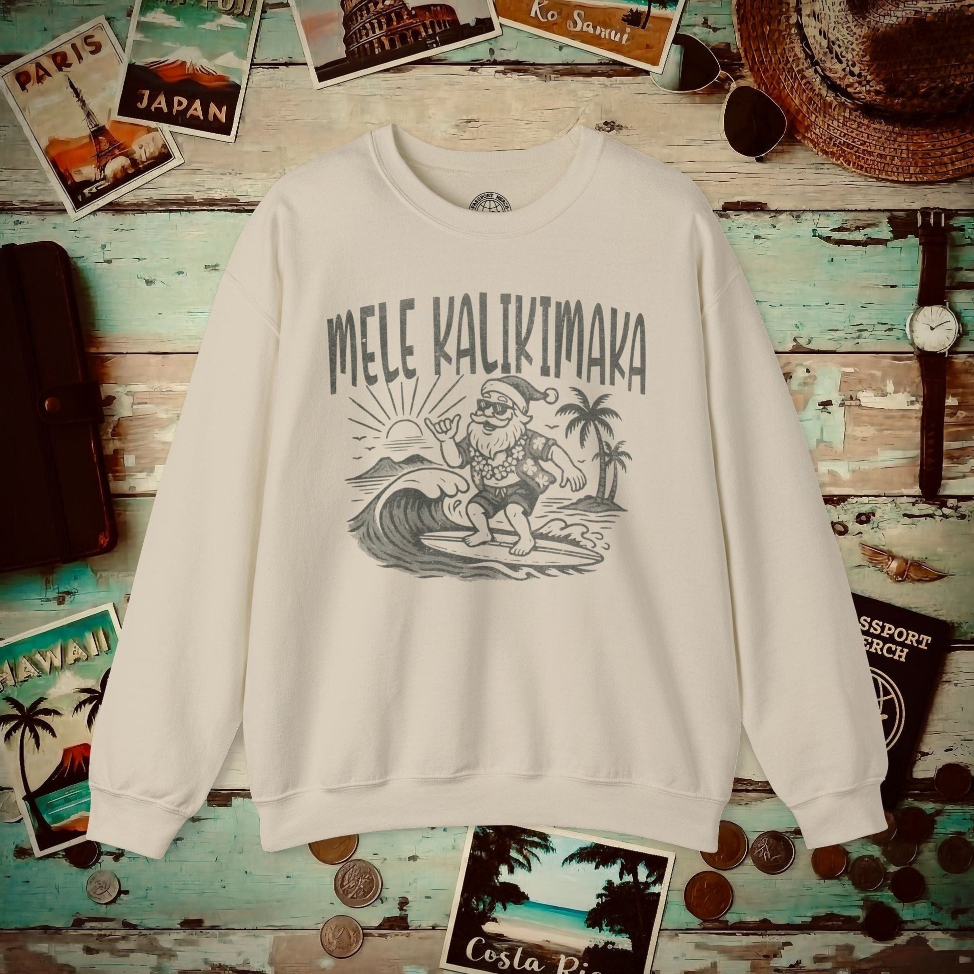 Vintage Surfing Santa, Mele Kalikimaka, Hawaii Crewneck Sand / S