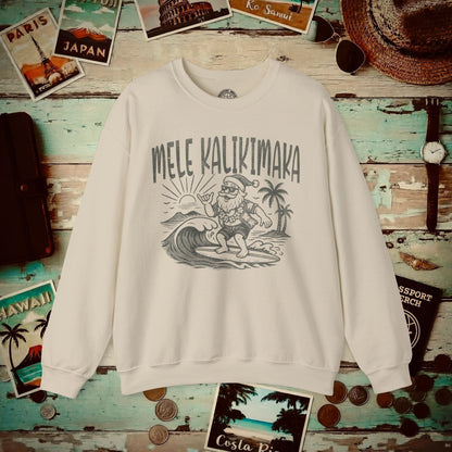 Vintage Surfing Santa, Mele Kalikimaka, Hawaii Crewneck Sand / S