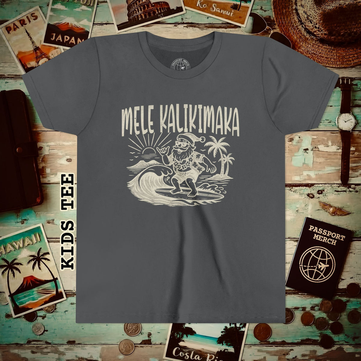 Vintage Surfing Santa, Mele Kalikimaka, Hawaii Kids Tee S / Asphalt