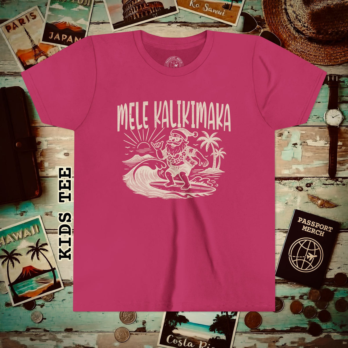 Vintage Surfing Santa, Mele Kalikimaka, Hawaii Kids Tee S / Berry