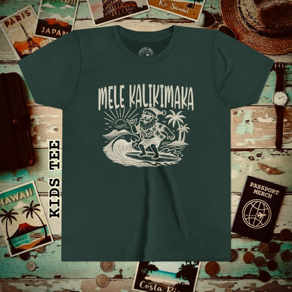 Vintage Surfing Santa, Mele Kalikimaka, Hawaii Kids Tee S / Forest
