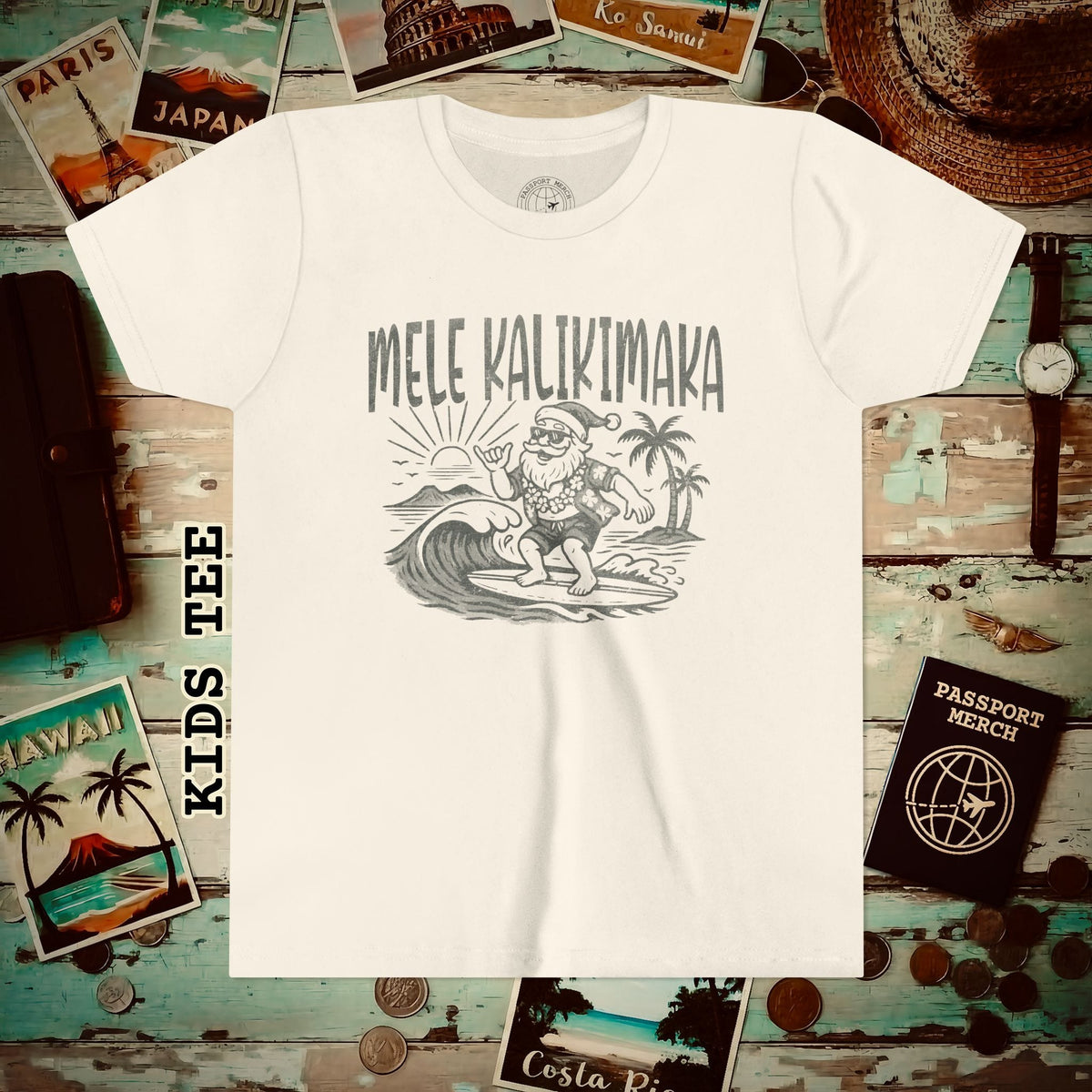 Vintage Surfing Santa, Mele Kalikimaka, Hawaii Kids Tee S / Natural