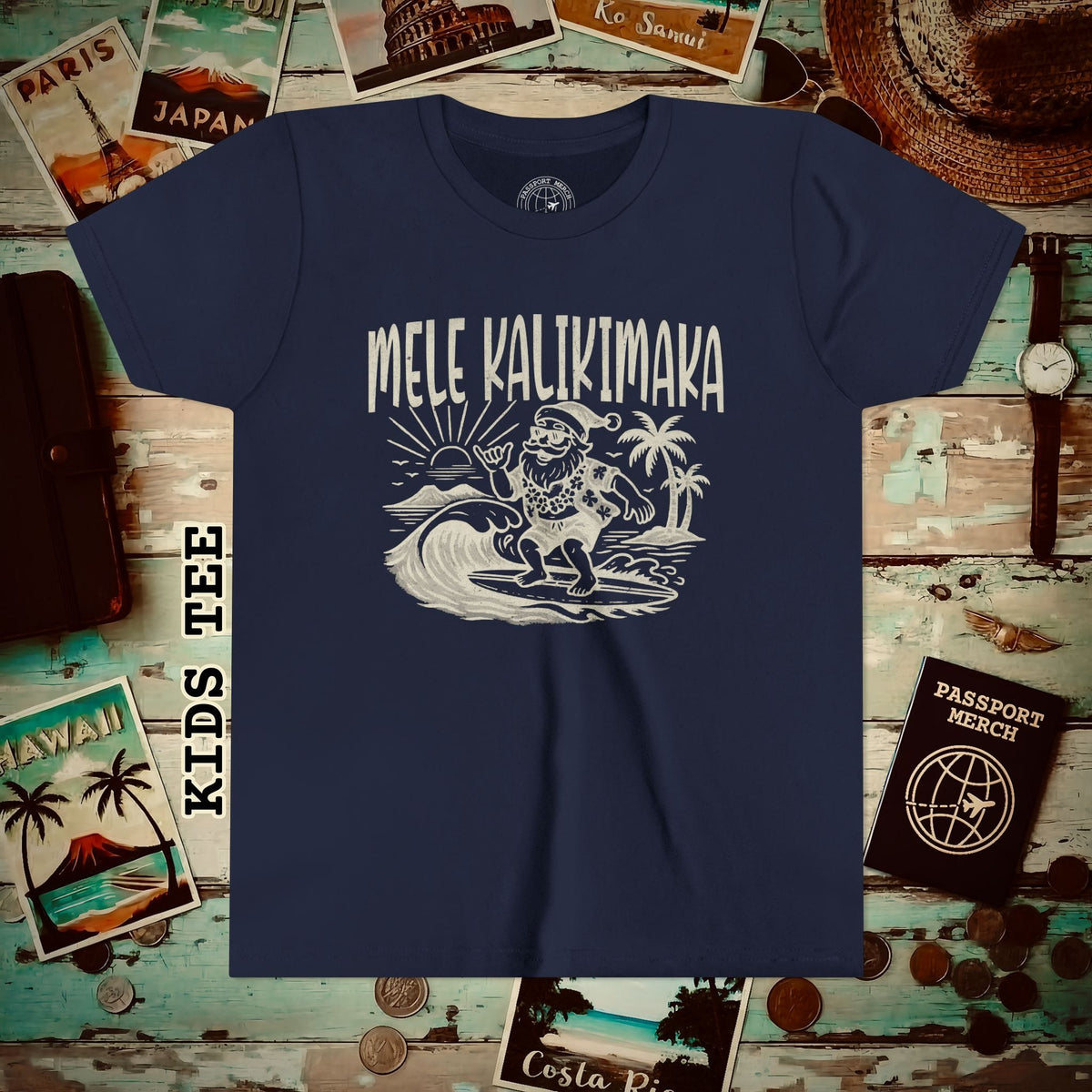 Vintage Surfing Santa, Mele Kalikimaka, Hawaii Kids Tee S / Navy
