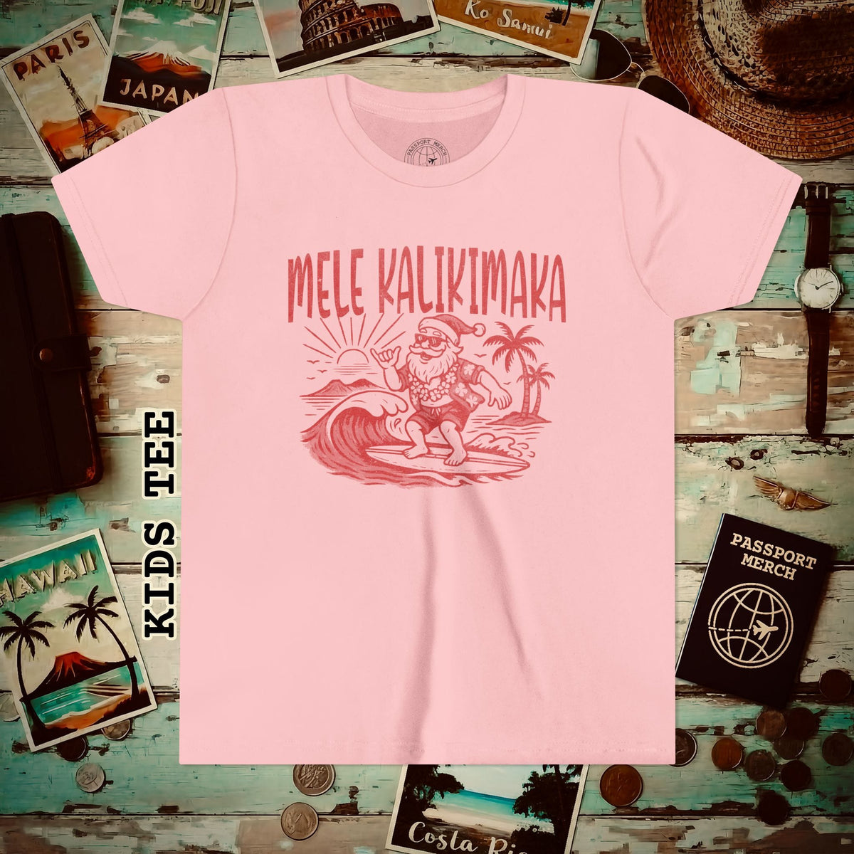 Vintage Surfing Santa, Mele Kalikimaka, Hawaii Kids Tee S / Pink