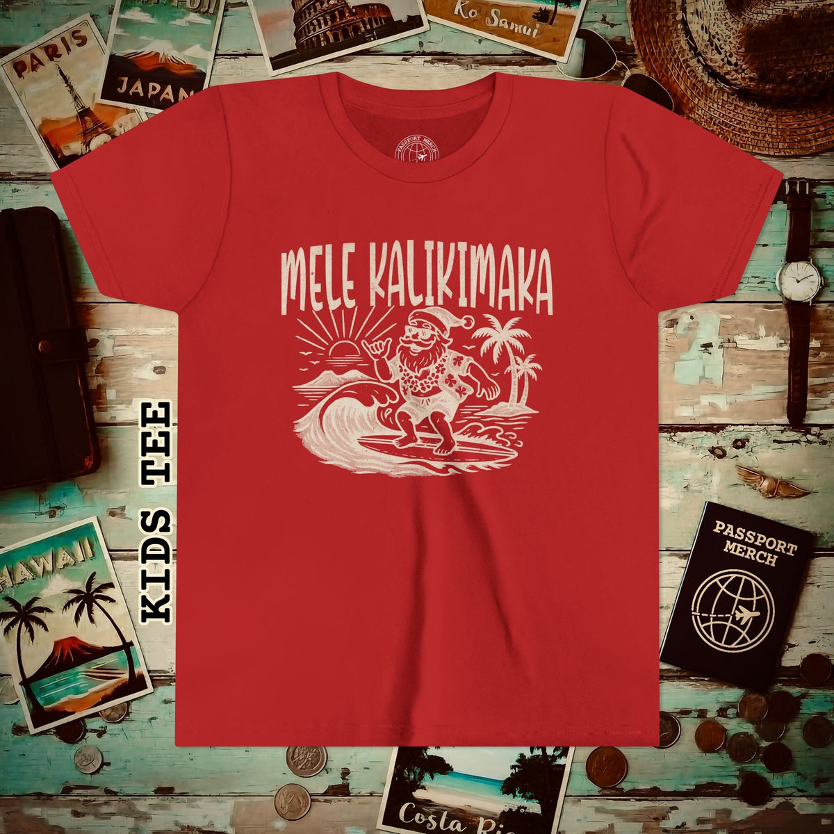 Vintage Surfing Santa, Mele Kalikimaka, Hawaii Kids Tee S / Red