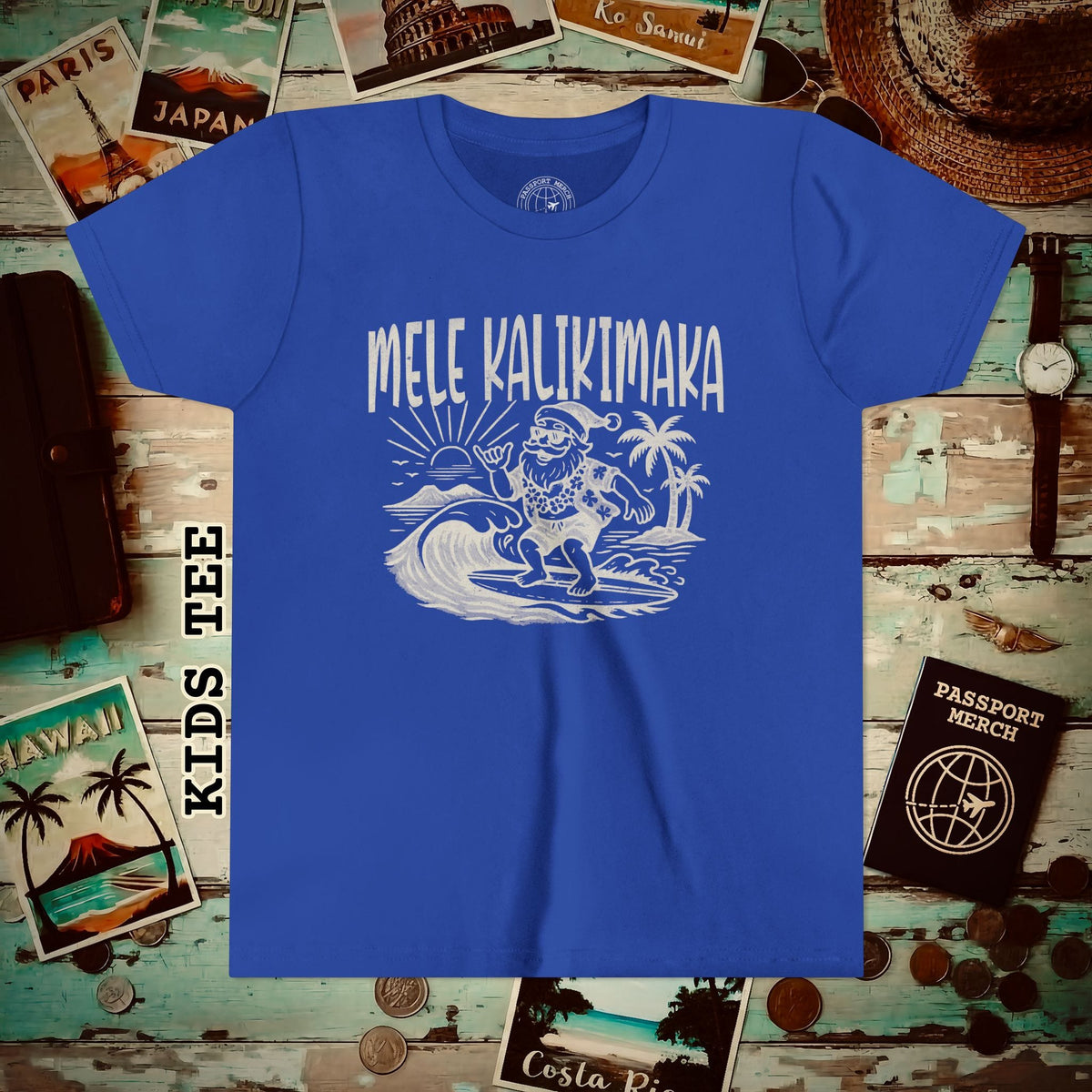 Vintage Surfing Santa, Mele Kalikimaka, Hawaii Kids Tee S / True Royal