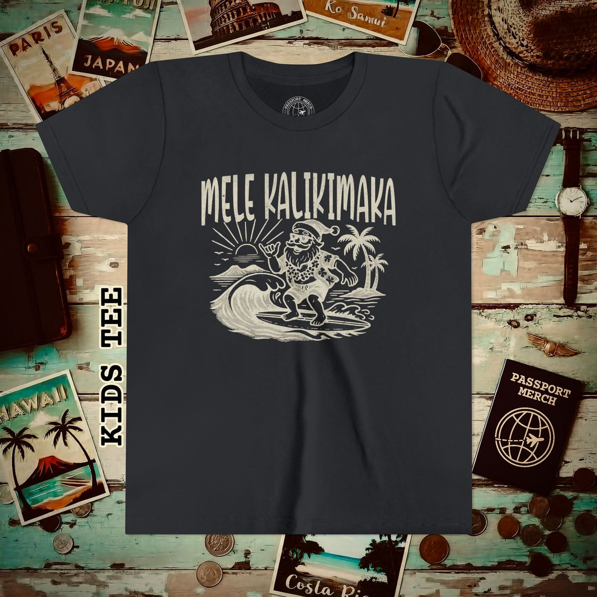 Vintage Surfing Santa, Mele Kalikimaka, Hawaii Kids Tee S / Vintage Black
