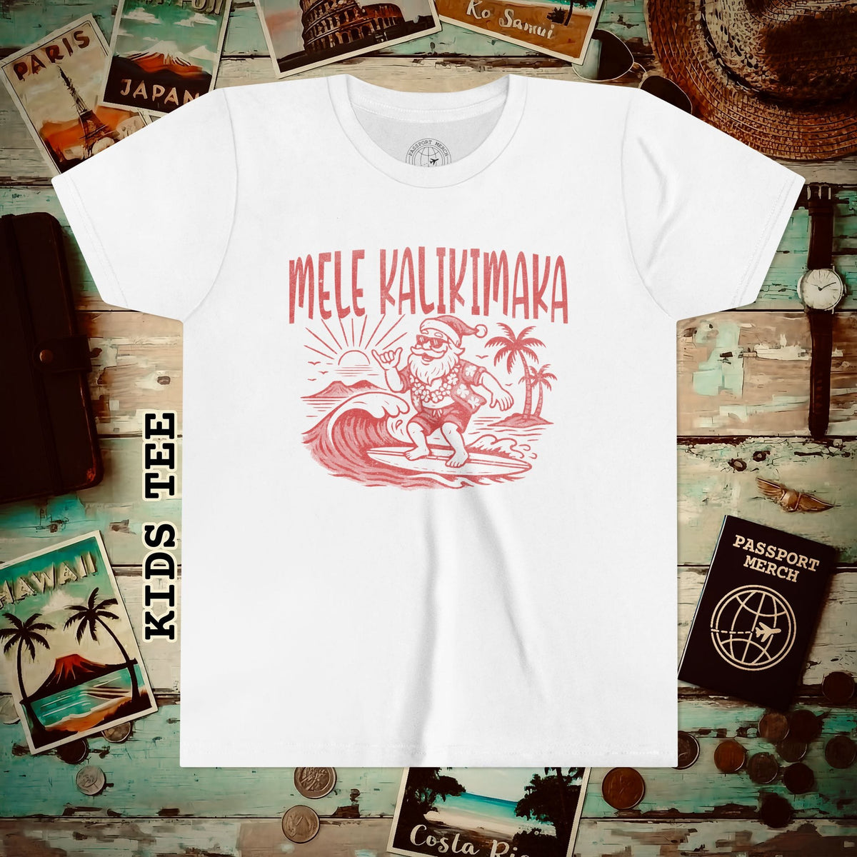 Vintage Surfing Santa, Mele Kalikimaka, Hawaii Kids Tee S / White