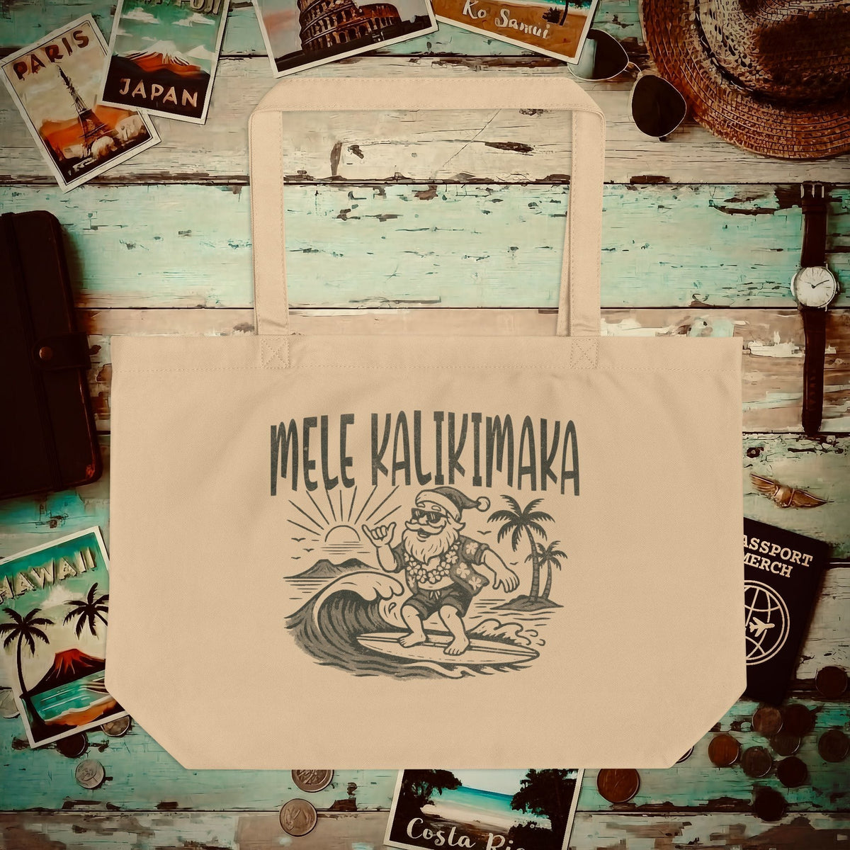Vintage Surfing Santa, Mele Kalikimaka, Hawaii Organic Tote Oyster / One size