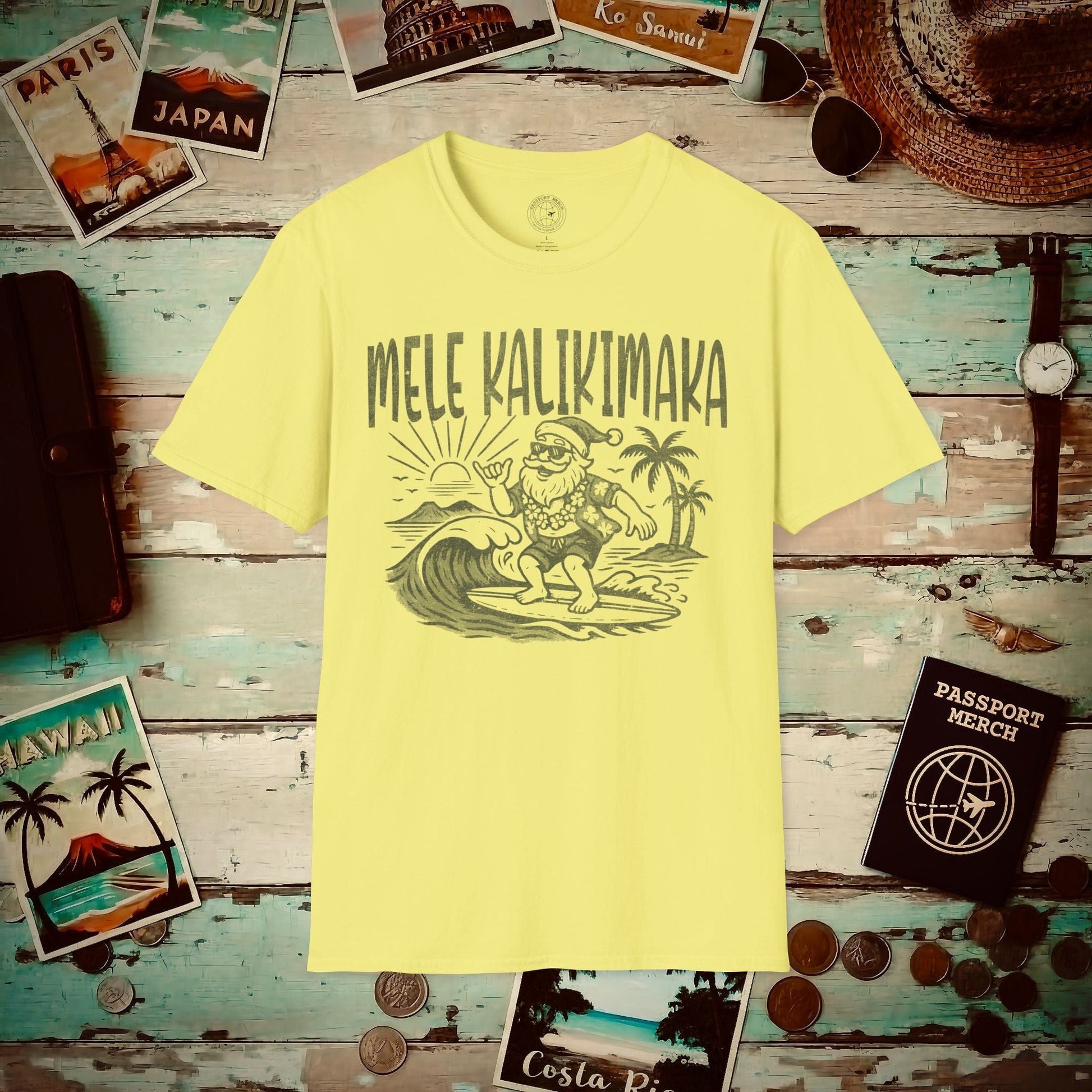 Vintage Surfing Santa, Mele Kalikimaka, Hawaii T-Shirt Cornsilk / S