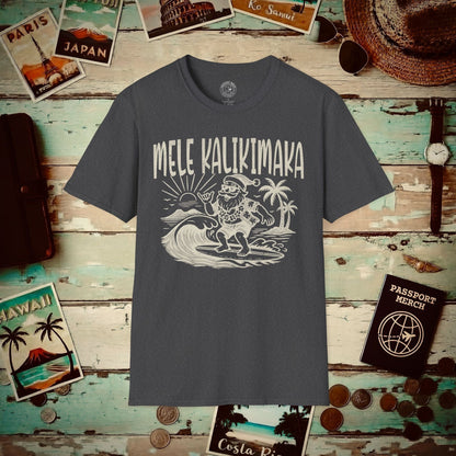 Vintage Surfing Santa, Mele Kalikimaka, Hawaii T-Shirt Dark Heather / S