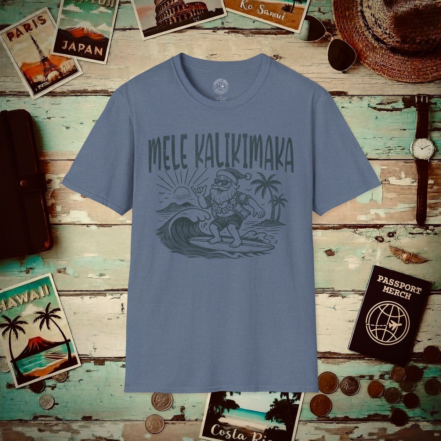 Vintage Surfing Santa, Mele Kalikimaka, Hawaii T-Shirt Heather Indigo / S