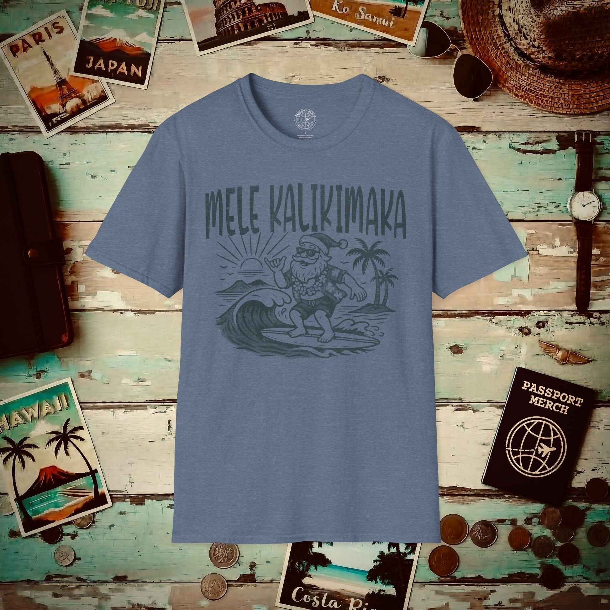Vintage Surfing Santa, Mele Kalikimaka, Hawaii T-Shirt Heather Indigo / S