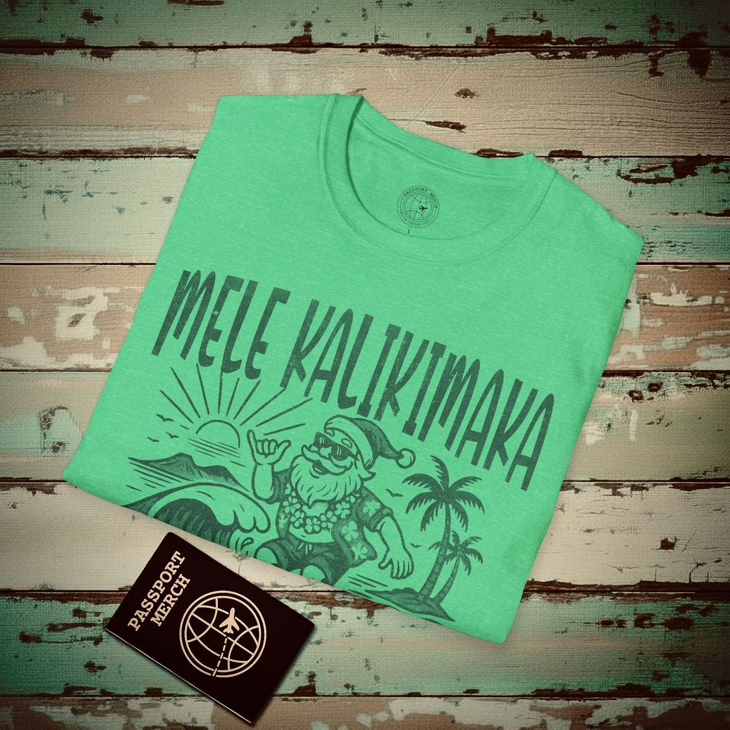 Vintage Surfing Santa, Mele Kalikimaka, Hawaii T-Shirt Heather Irish Green / S