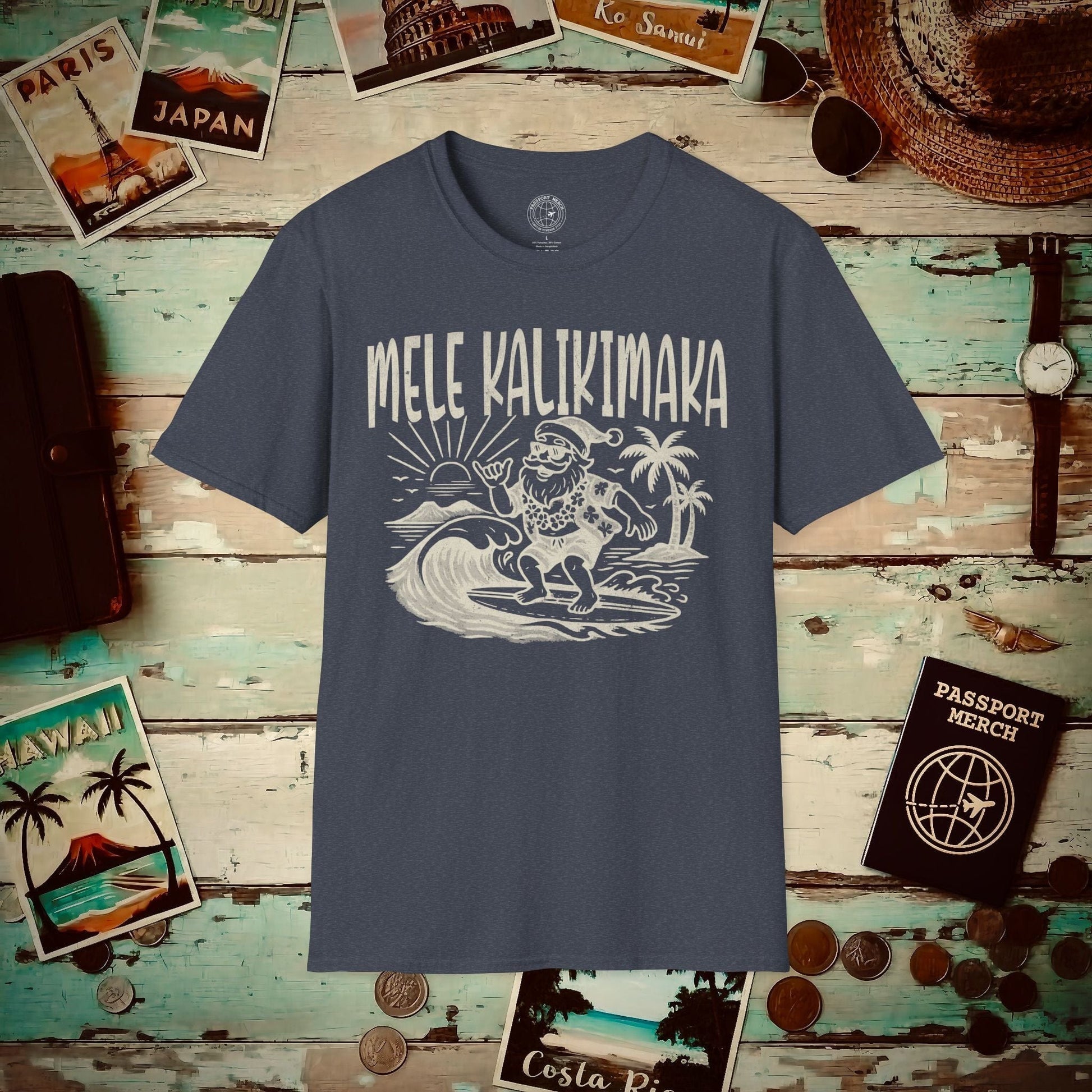 Vintage Surfing Santa, Mele Kalikimaka, Hawaii T-Shirt Heather Navy / S