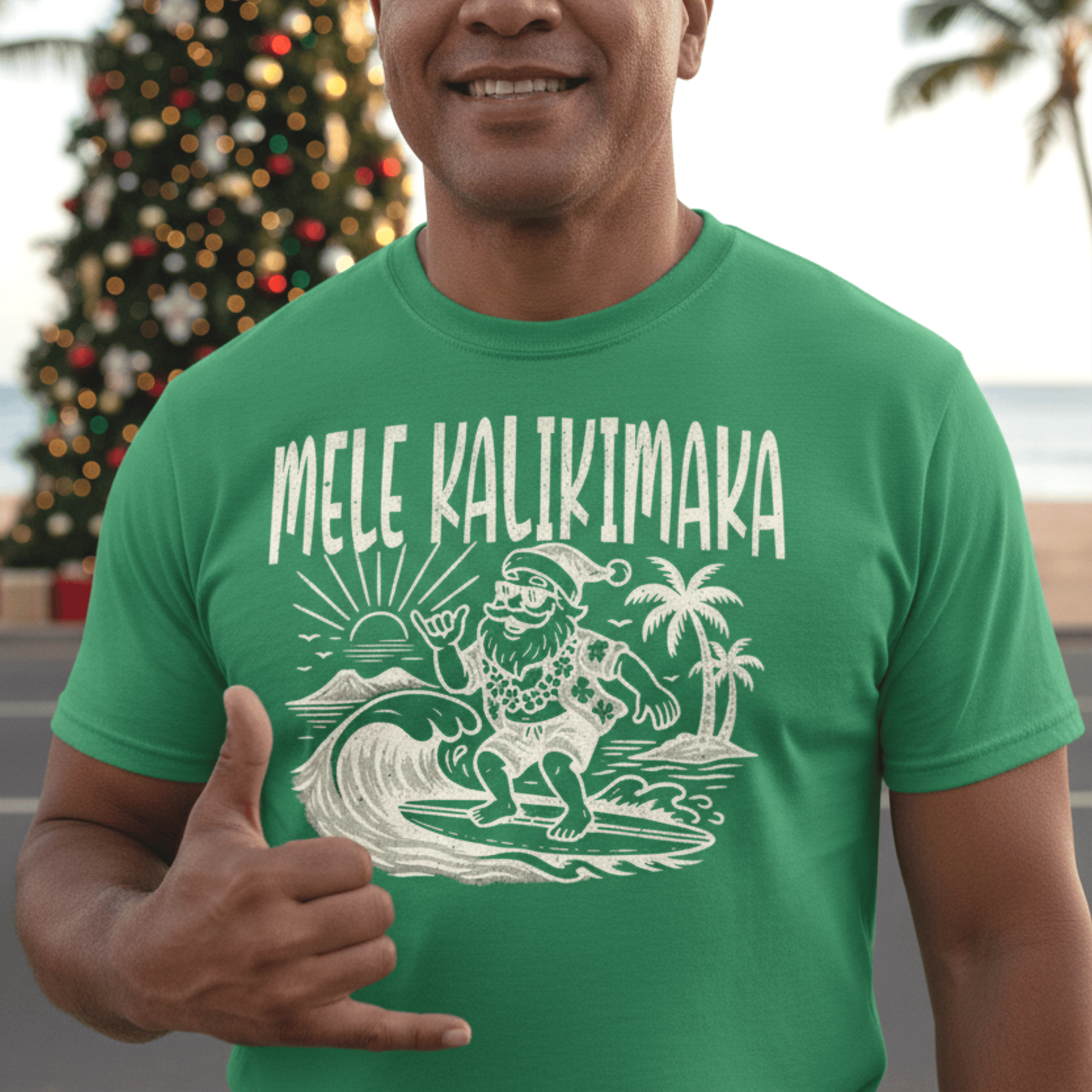 Vintage Surfing Santa, Mele Kalikimaka, Hawaii T-Shirt Irish Green / S