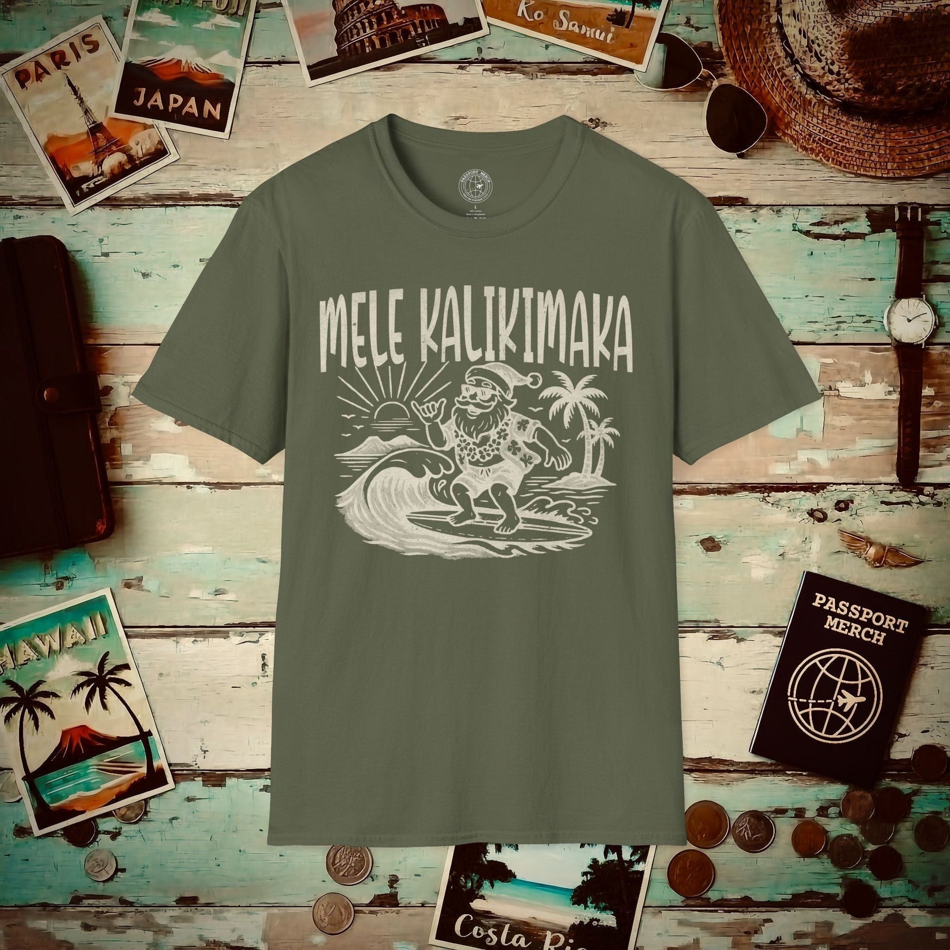 Vintage Surfing Santa, Mele Kalikimaka, Hawaii T-Shirt Military Green / S