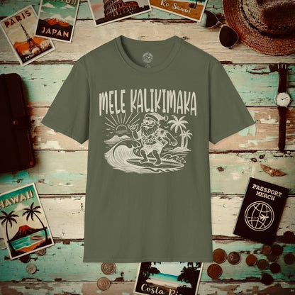 Vintage Surfing Santa, Mele Kalikimaka, Hawaii T-Shirt Military Green / S