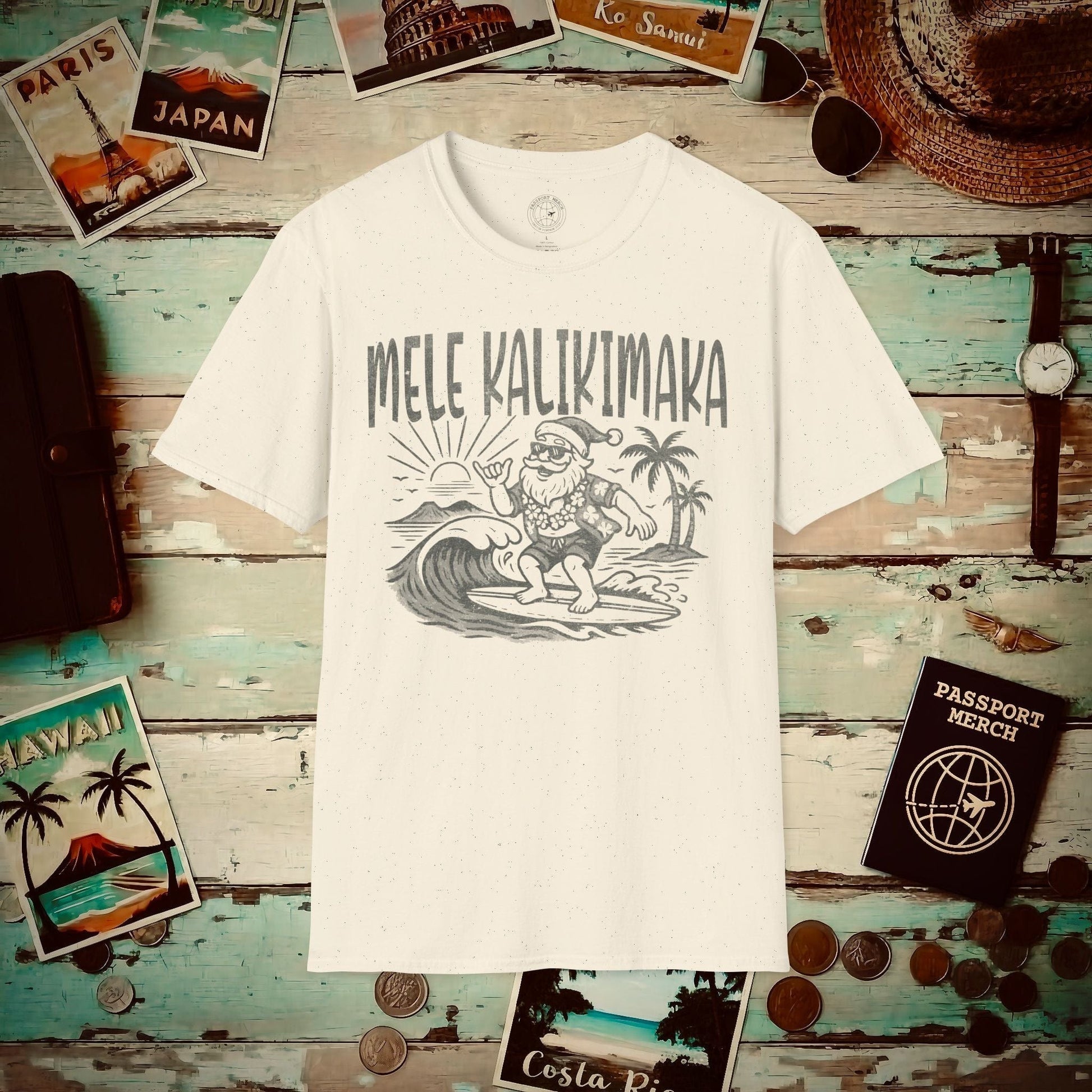 Vintage Surfing Santa, Mele Kalikimaka, Hawaii T-Shirt Natural / S