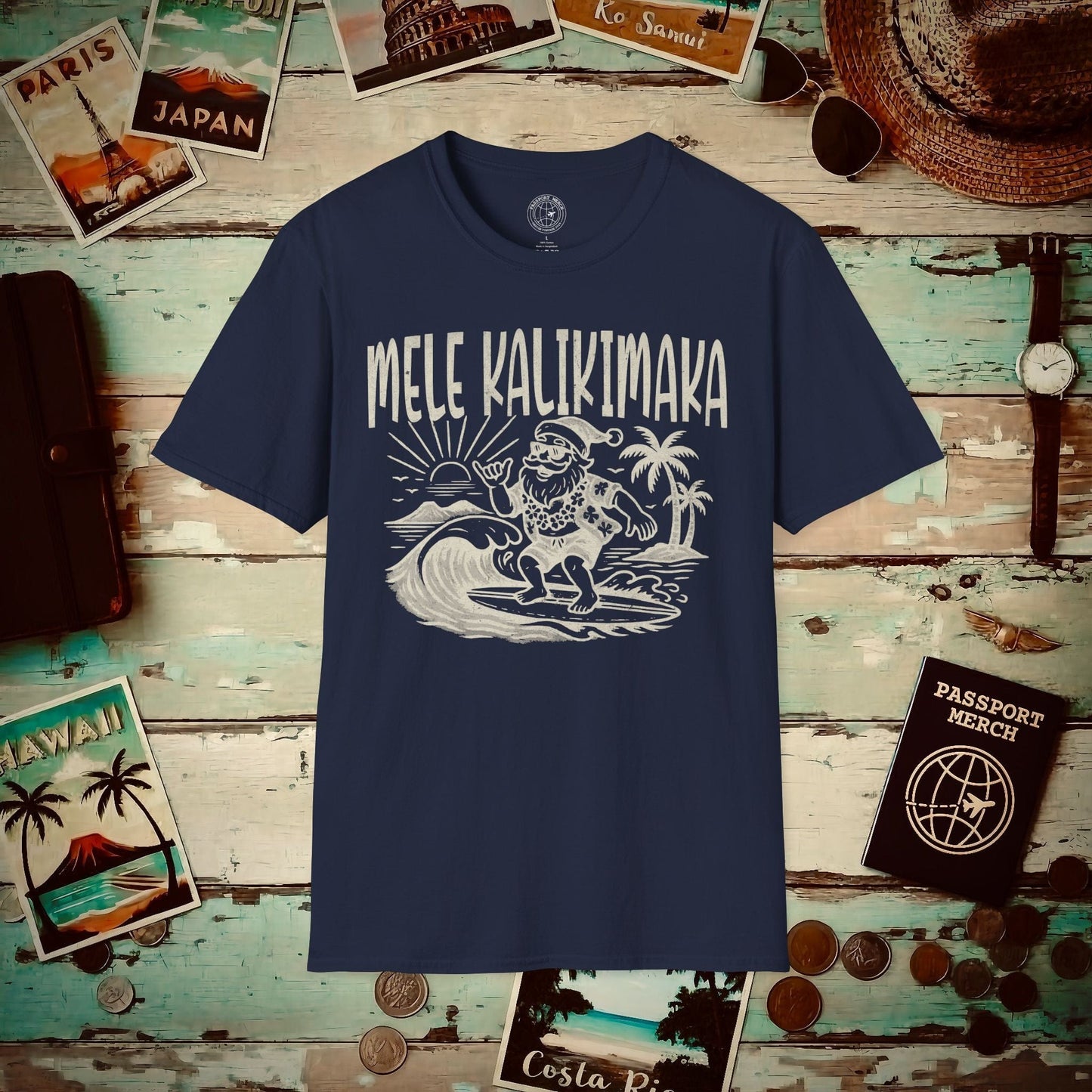Vintage Surfing Santa, Mele Kalikimaka, Hawaii T-Shirt Navy / S