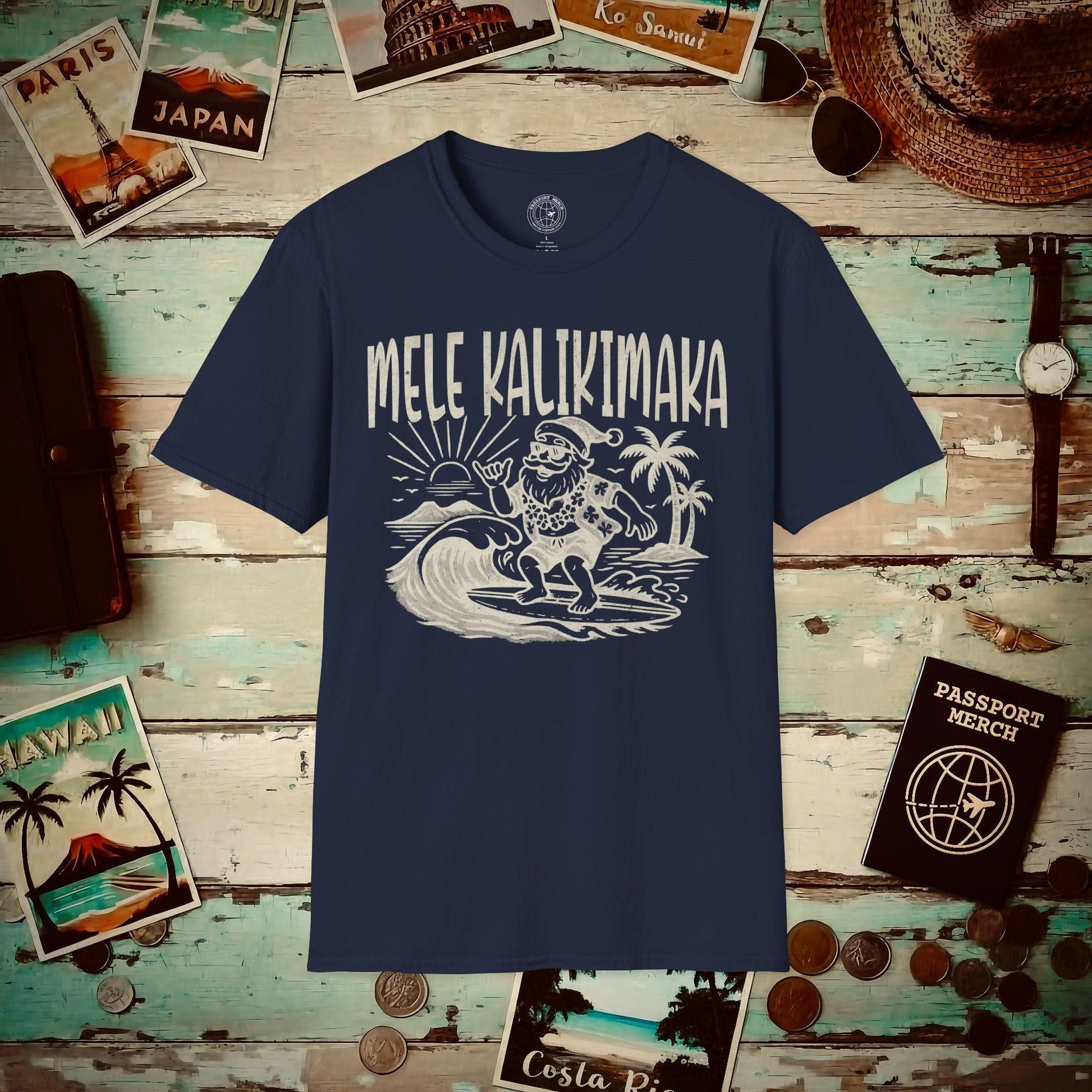 Vintage Surfing Santa, Mele Kalikimaka, Hawaii T-Shirt Navy / S