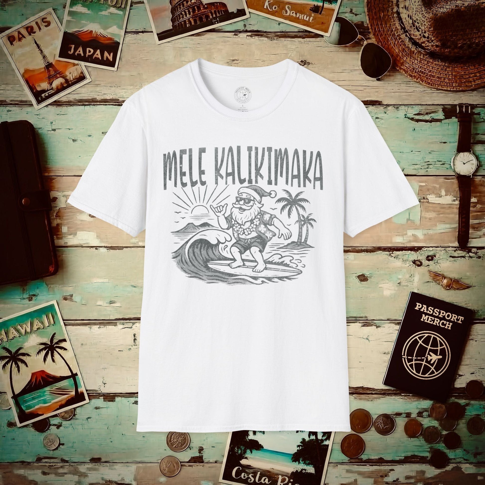 Vintage Surfing Santa, Mele Kalikimaka, Hawaii T-Shirt White / S