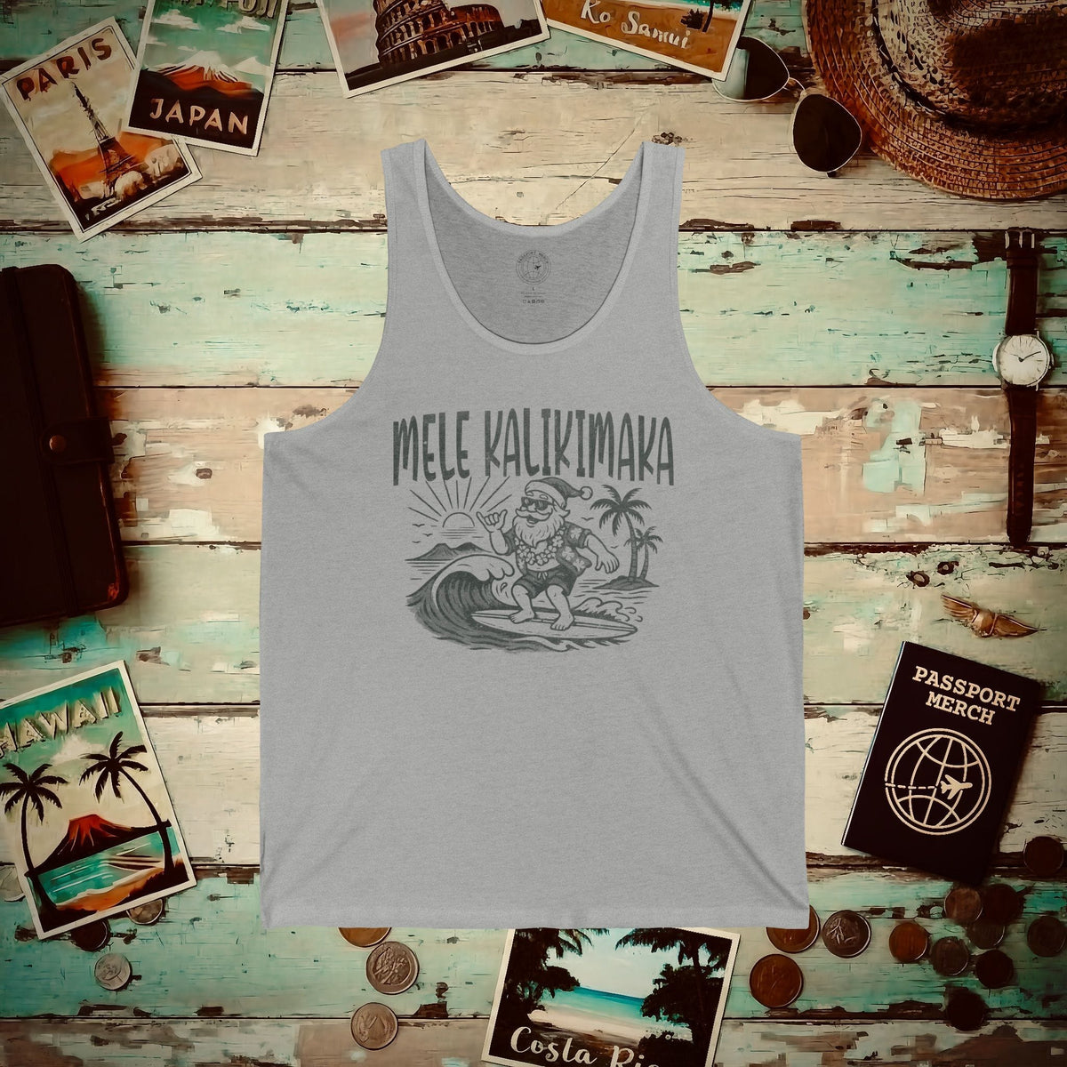Vintage Surfing Santa, Mele Kalikimaka, Hawaii Tank Top Athletic Heather / XS