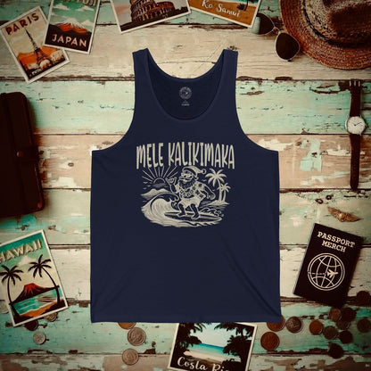 Vintage Surfing Santa, Mele Kalikimaka, Hawaii Tank Top Navy / XS