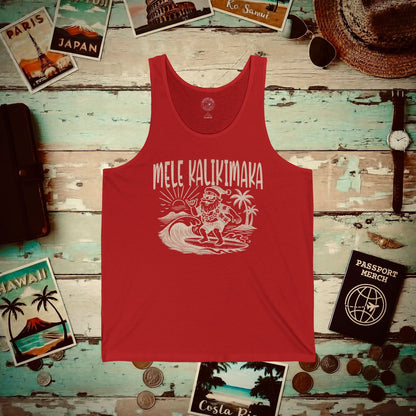 Vintage Surfing Santa, Mele Kalikimaka, Hawaii Tank Top Red / XS