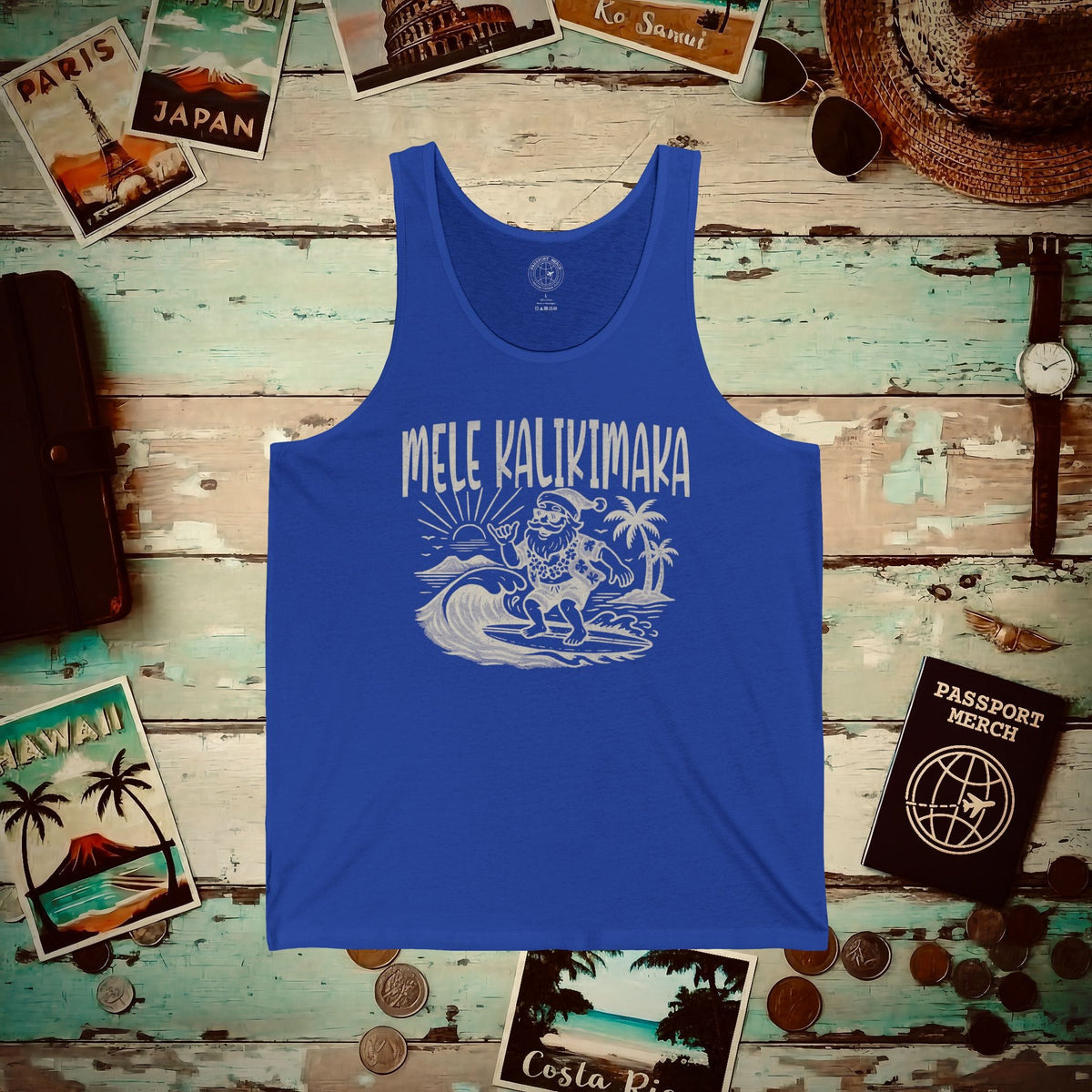 Vintage Surfing Santa, Mele Kalikimaka, Hawaii Tank Top True Royal / XS