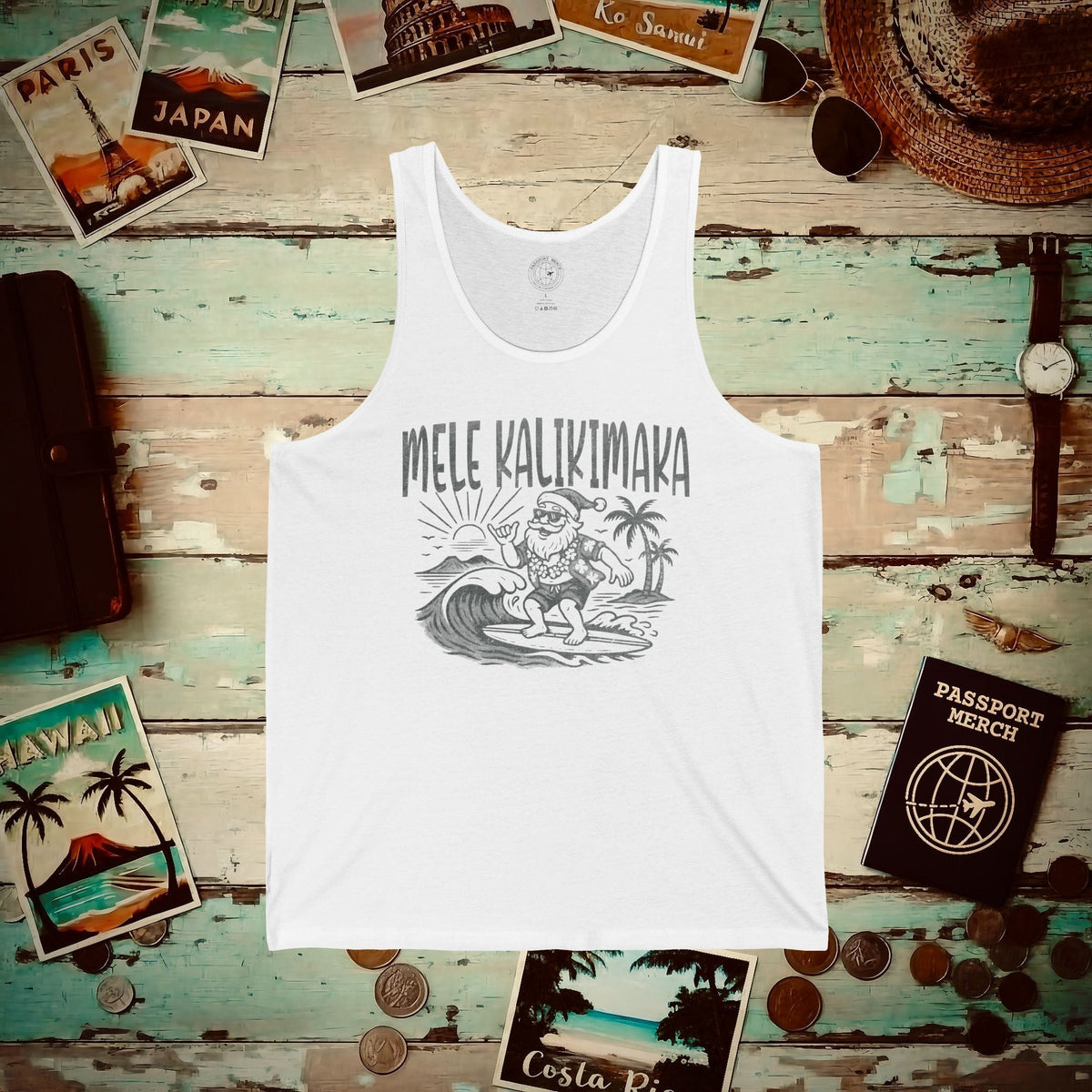Vintage Surfing Santa, Mele Kalikimaka, Hawaii Tank Top White / XS