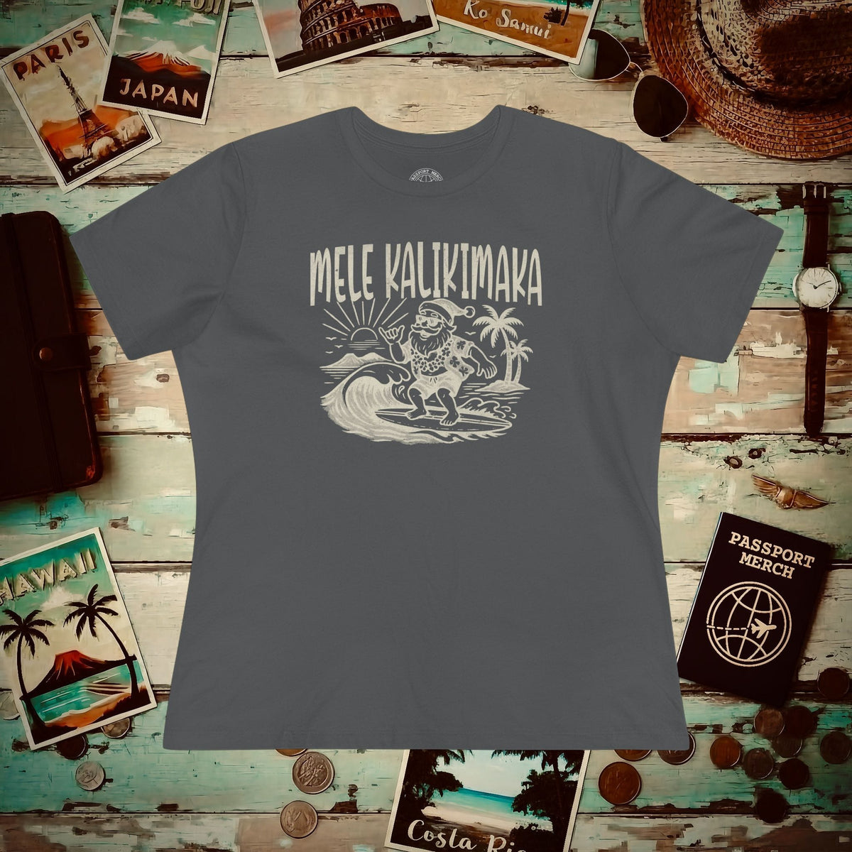 Vintage Surfing Santa, Mele Kalikimaka, Hawaii Womens Fit T-Shirt Asphalt / S