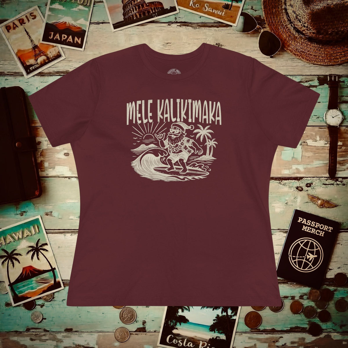 Vintage Surfing Santa, Mele Kalikimaka, Hawaii Womens Fit T-Shirt Maroon / S