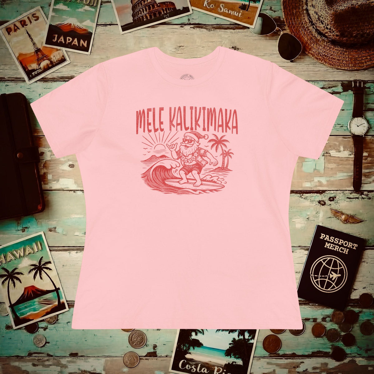 Vintage Surfing Santa, Mele Kalikimaka, Hawaii Womens Fit T-Shirt Pink / S
