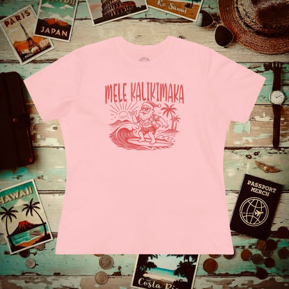 Vintage Surfing Santa, Mele Kalikimaka, Hawaii Womens Fit T-Shirt Pink / S