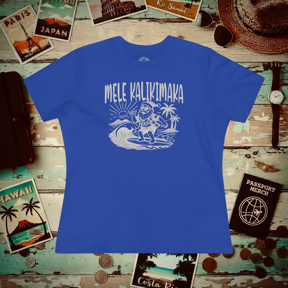 Vintage Surfing Santa, Mele Kalikimaka, Hawaii Womens Fit T-Shirt True Royal / S