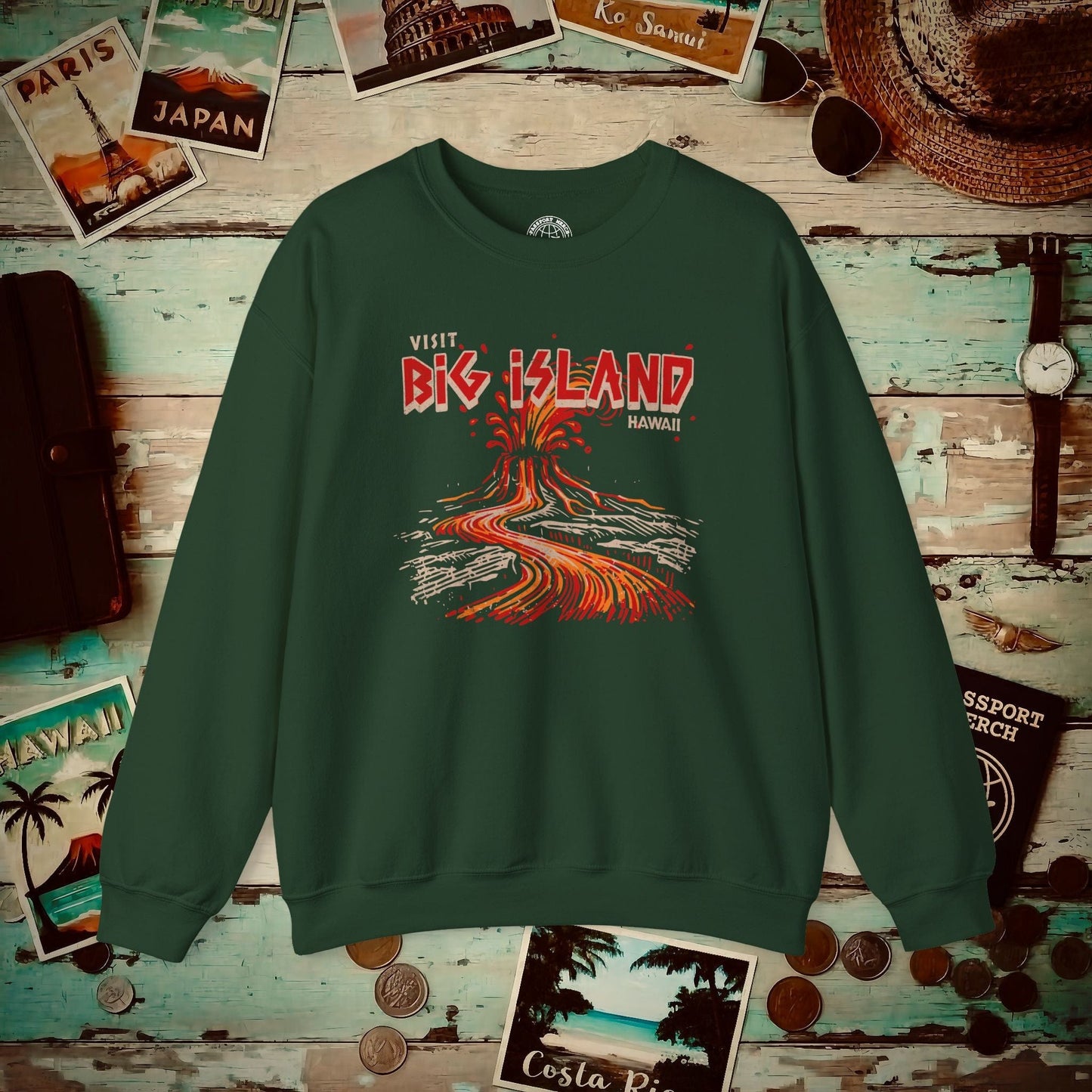 Vintage Visit Big Island, Hawaii Crewneck Forest Green / S