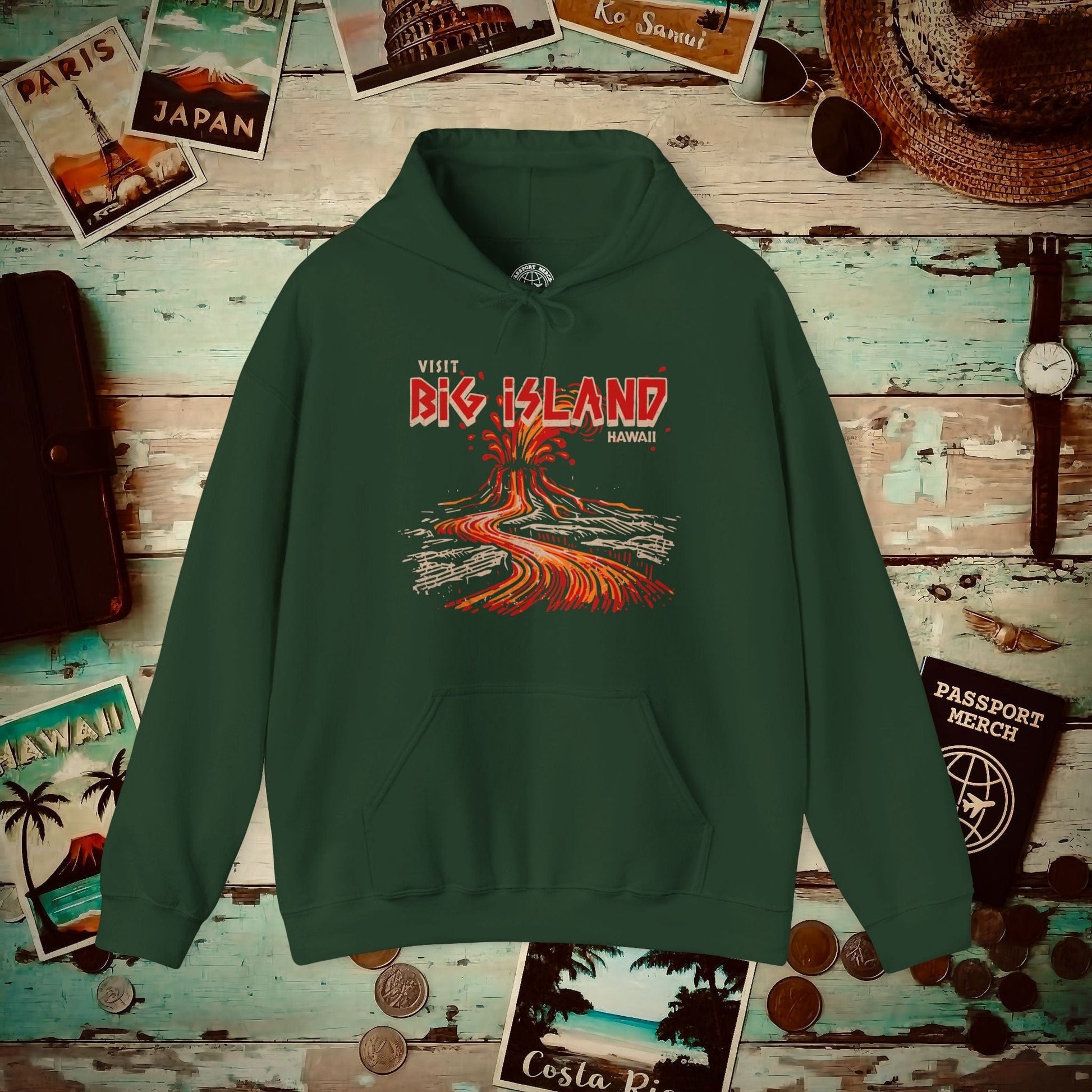 Vintage Visit Big Island, Hawaii Hoodie Forest Green / S