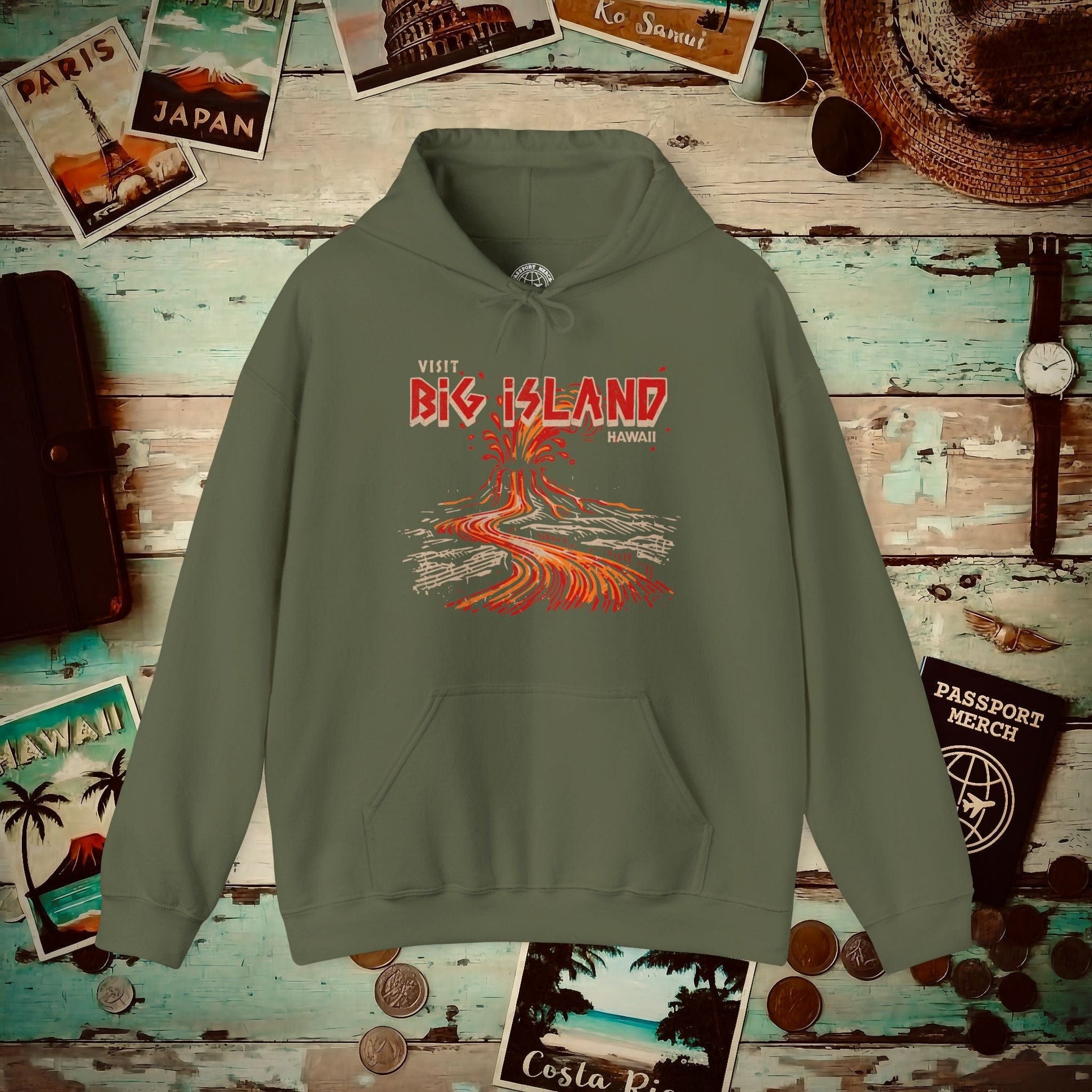 Vintage Visit Big Island, Hawaii Hoodie Military Green / S