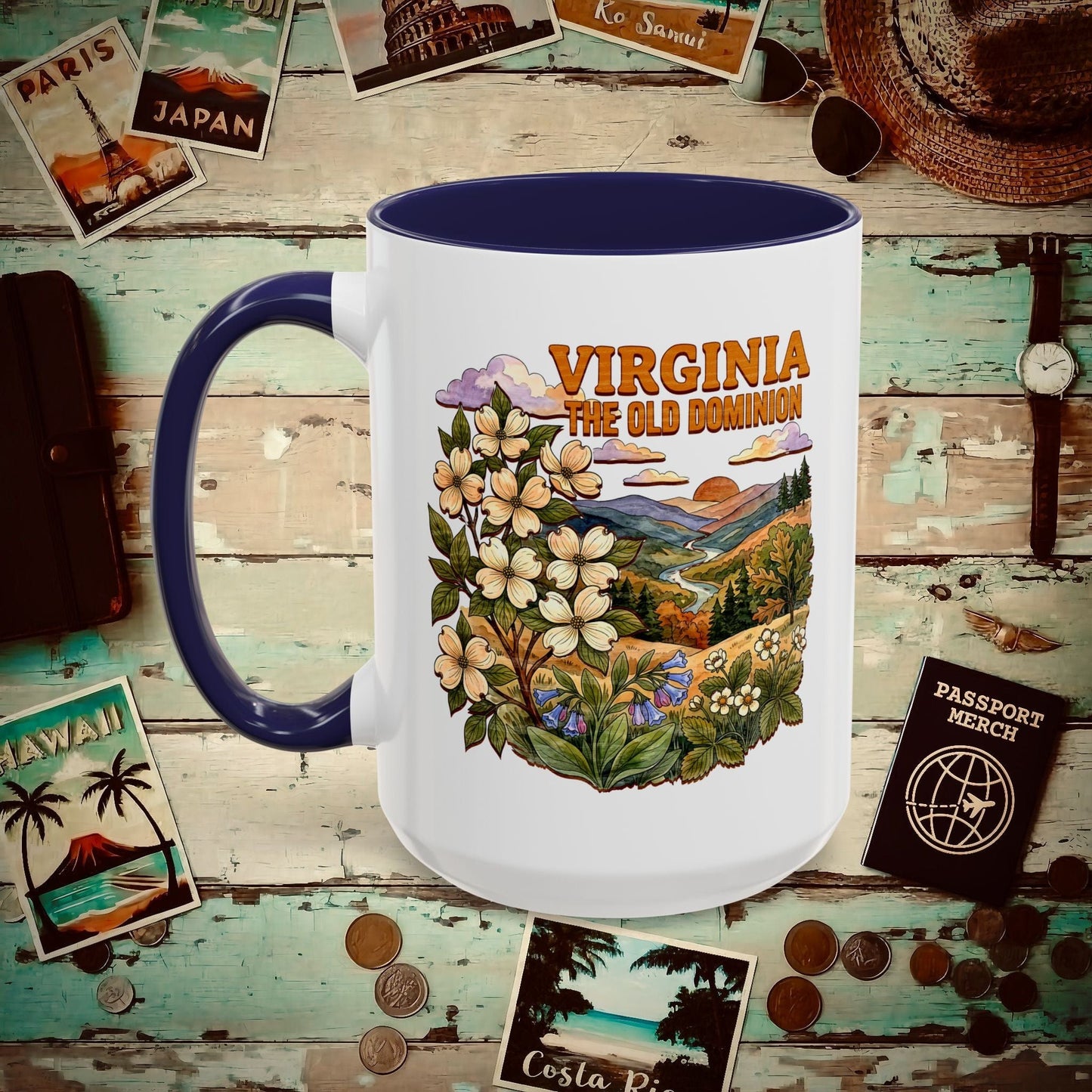 Virginia Flowers in Watercolored Oak 15oz Mug Navy / 15oz