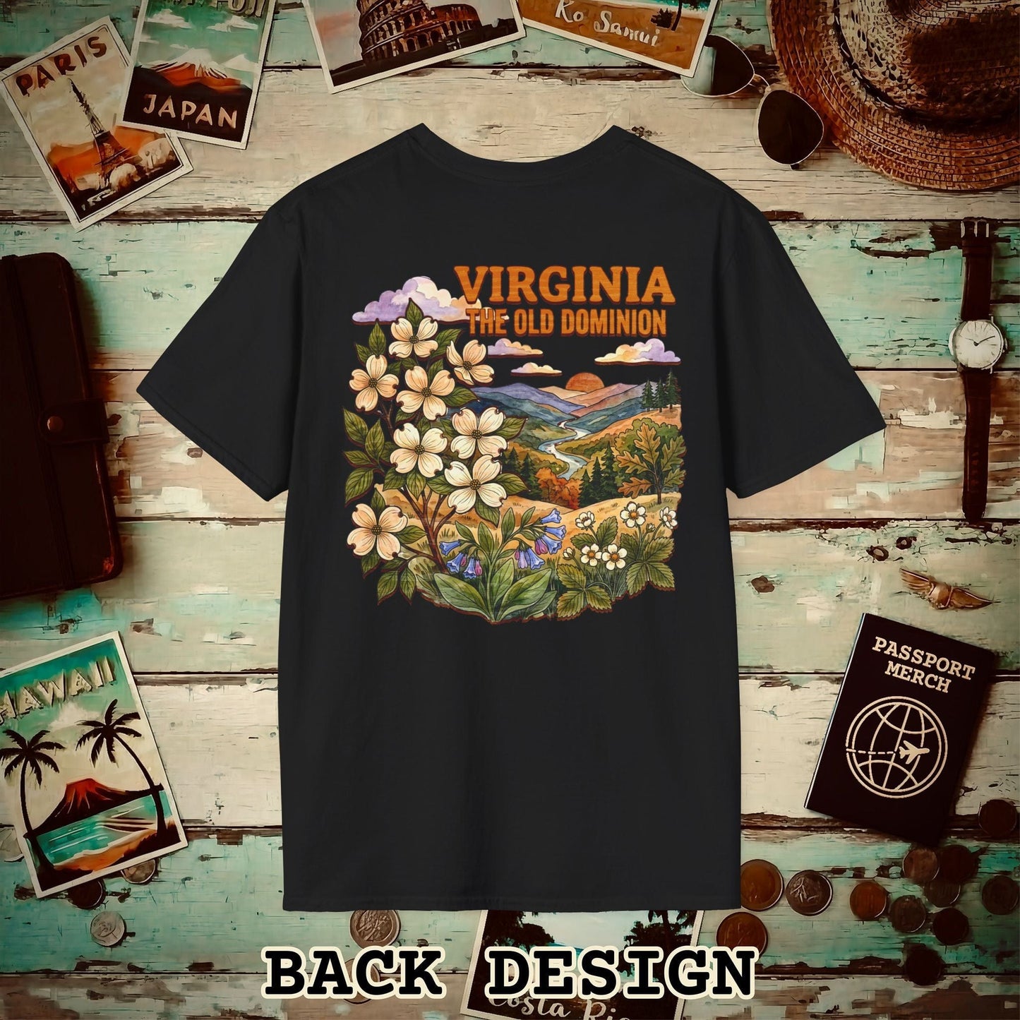 Virginia Flowers in Watercolored Oak Back Print T-Shirt Black / S