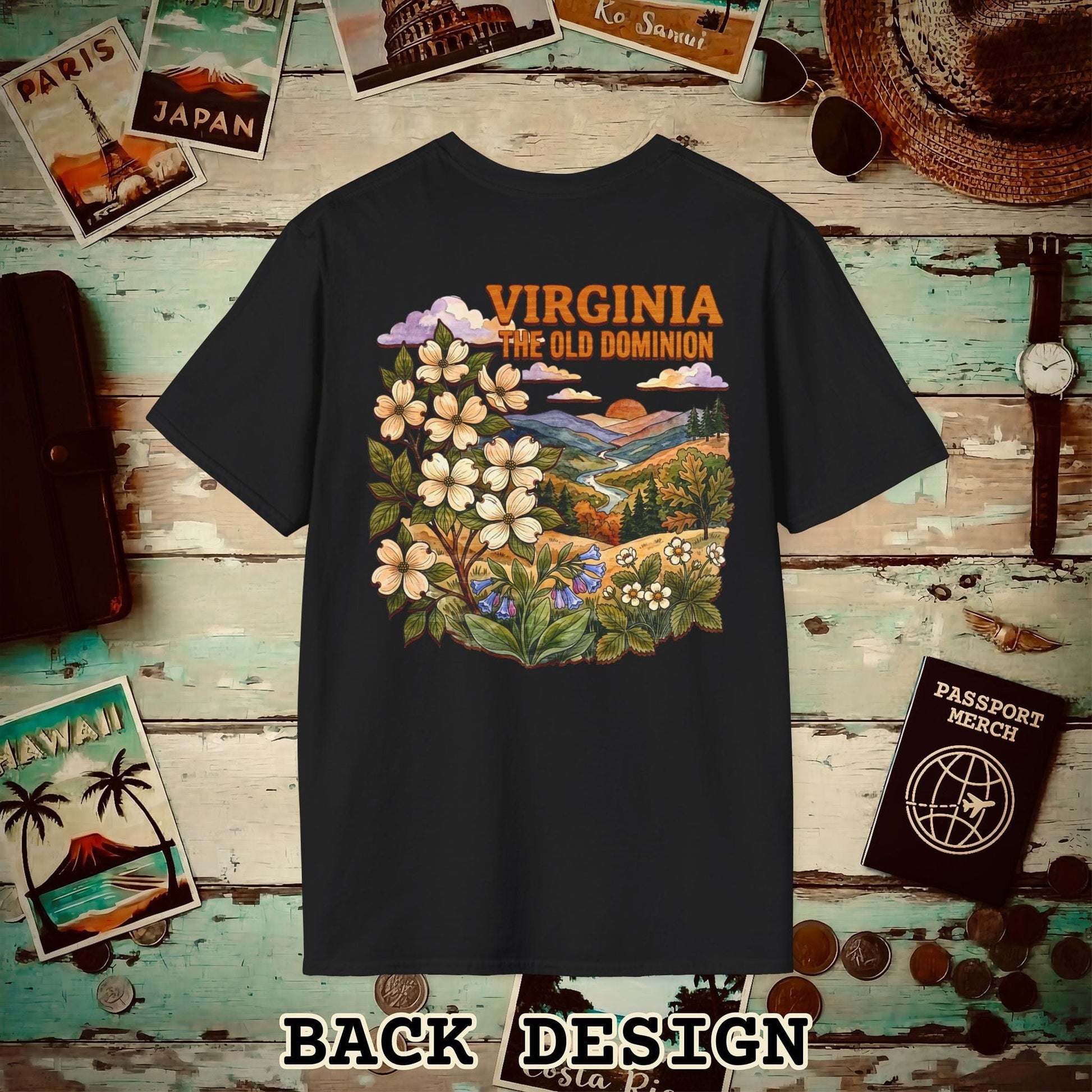 Virginia Flowers in Watercolored Oak Back Print T-Shirt Black / S