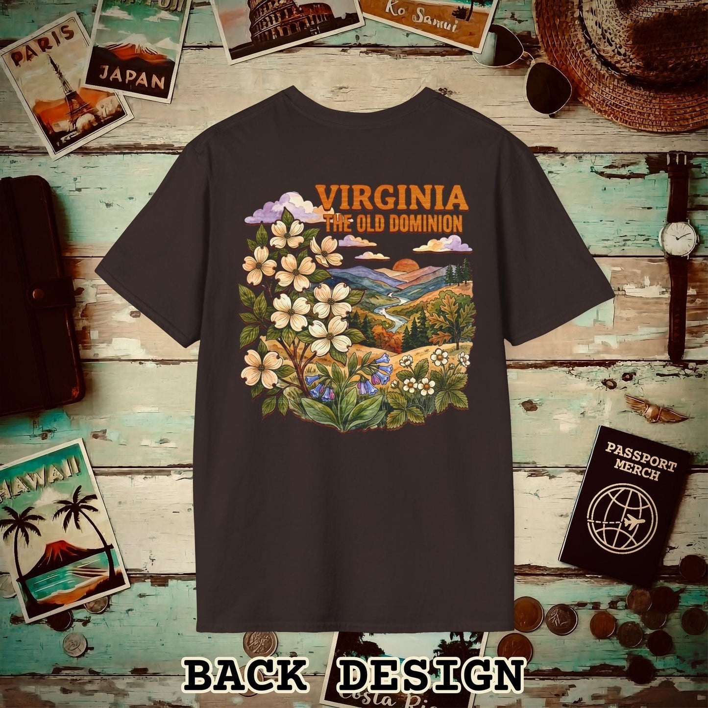Virginia Flowers in Watercolored Oak Back Print T-Shirt Dark Chocolate / S