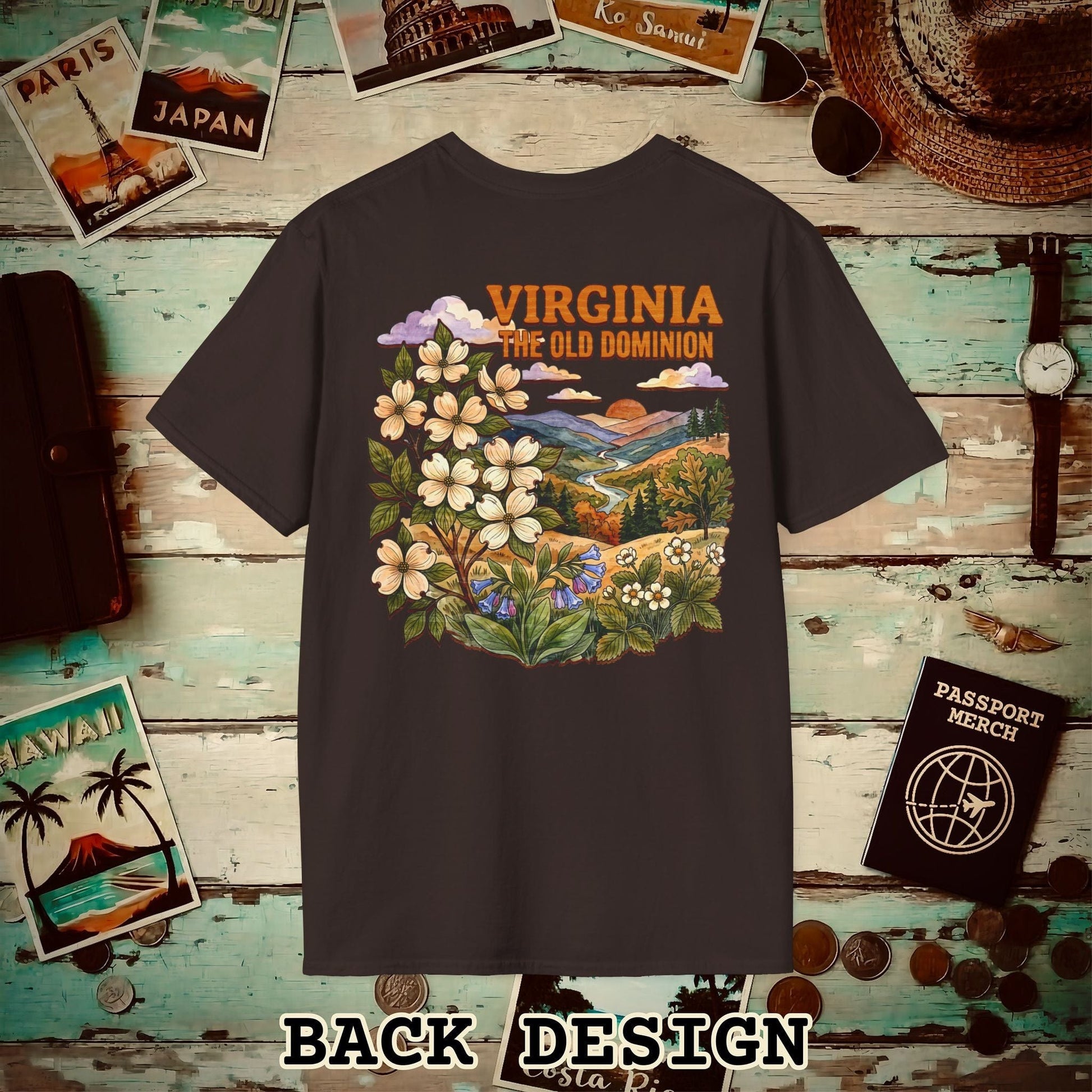 Virginia Flowers in Watercolored Oak Back Print T-Shirt Dark Chocolate / S