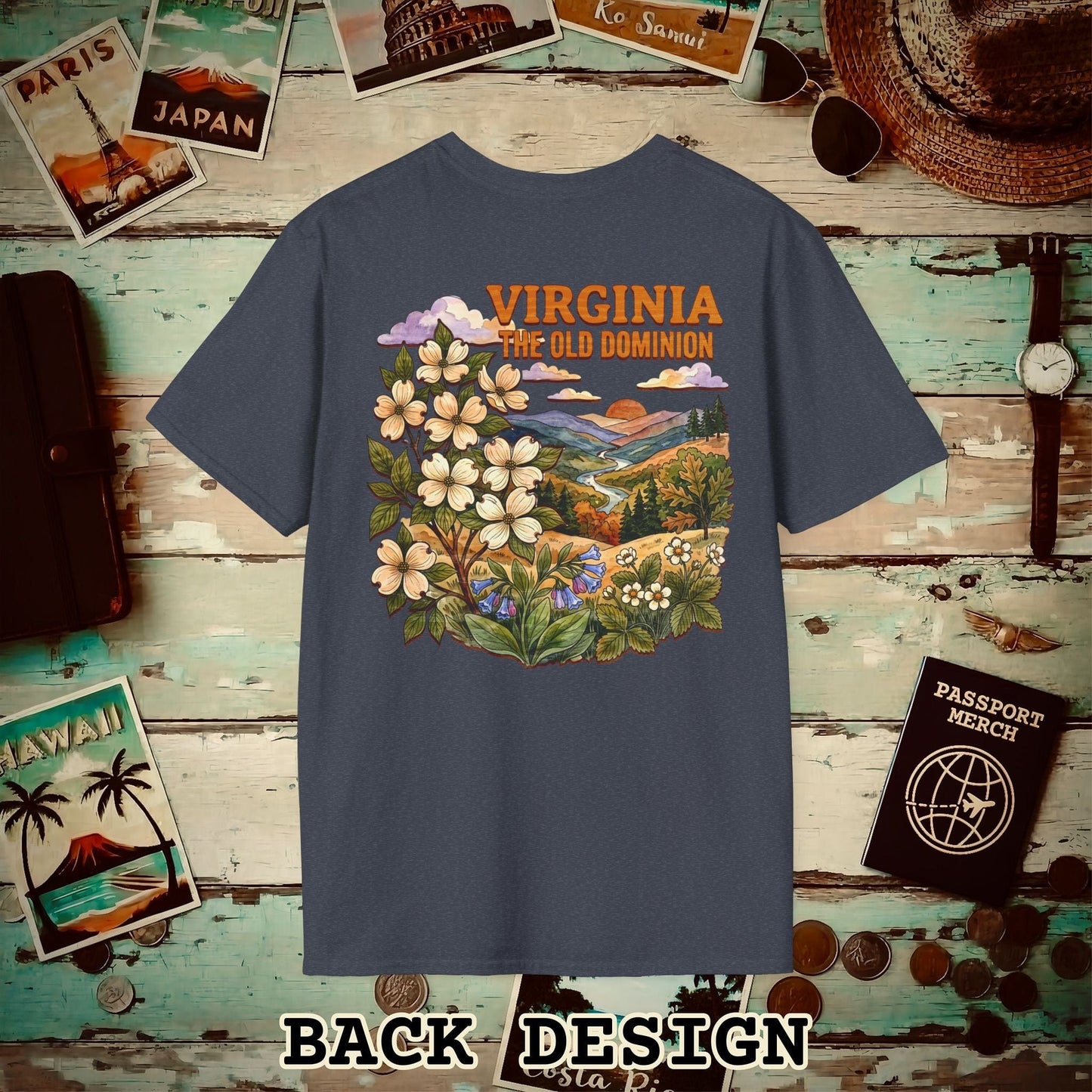 Virginia Flowers in Watercolored Oak Back Print T-Shirt Heather Navy / S