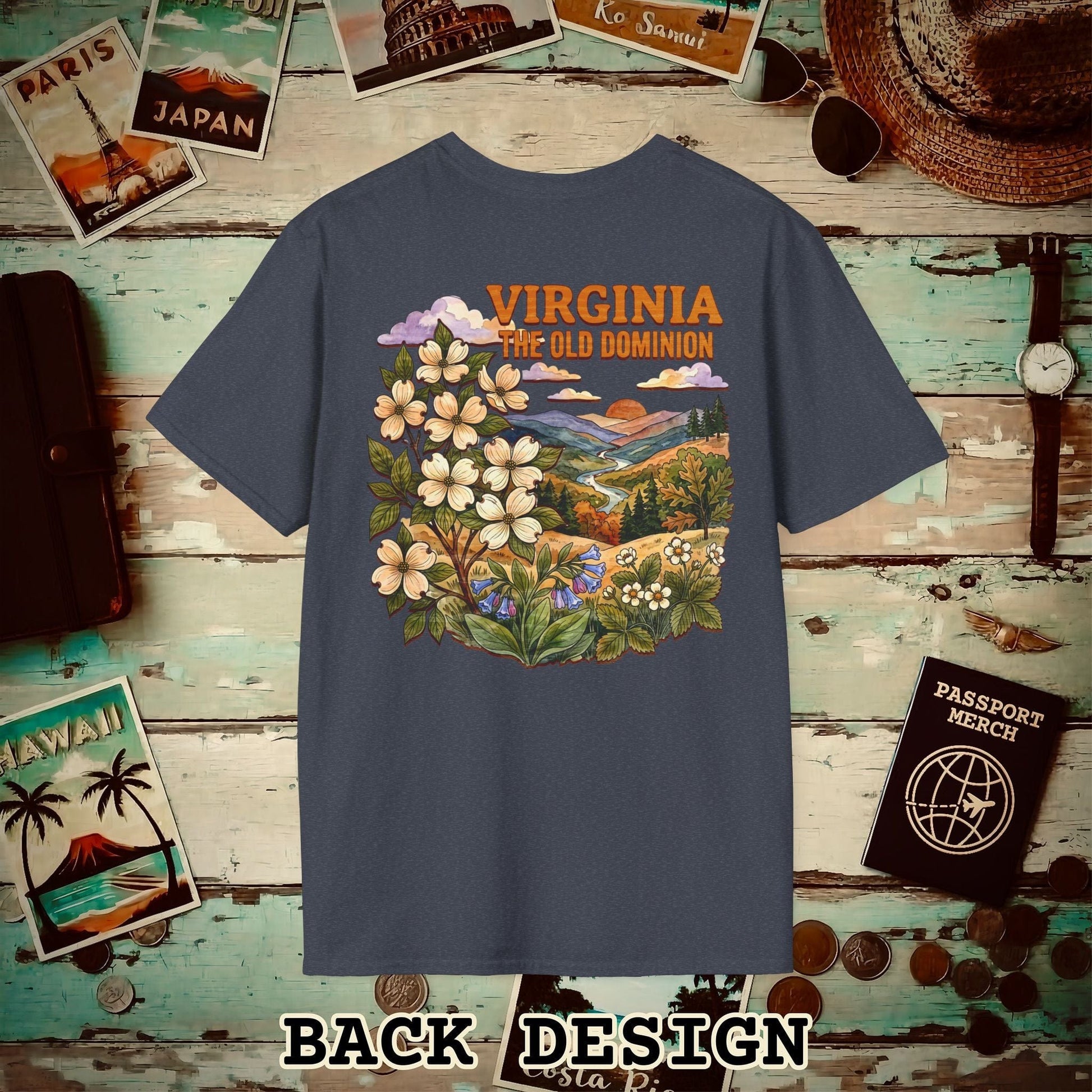 Virginia Flowers in Watercolored Oak Back Print T-Shirt Heather Navy / S